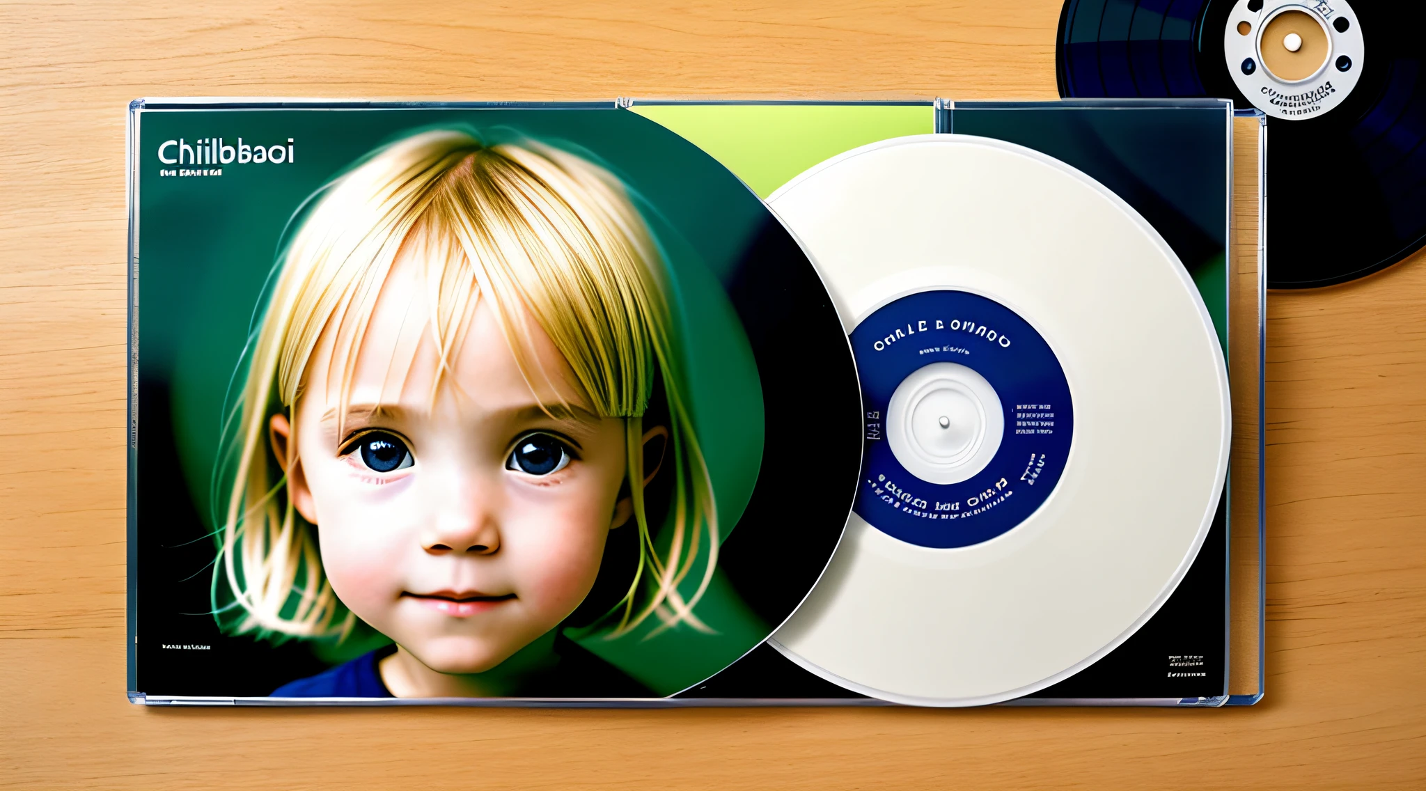 CHILD BLONDE GIRL, A closeup of a CD and a CD box on a table, Packshot, CDs, CD Jacket, DVD Package, Medium Close Shot, Detailed Product Image, Medium Wide Shot, Medium Closeup, Close Medium Shot, New Boards of Canada album cover, soft vinyl, round format, Boards of Canada album cover, BLU - Ray Transfer 5 K, Fujifilm"