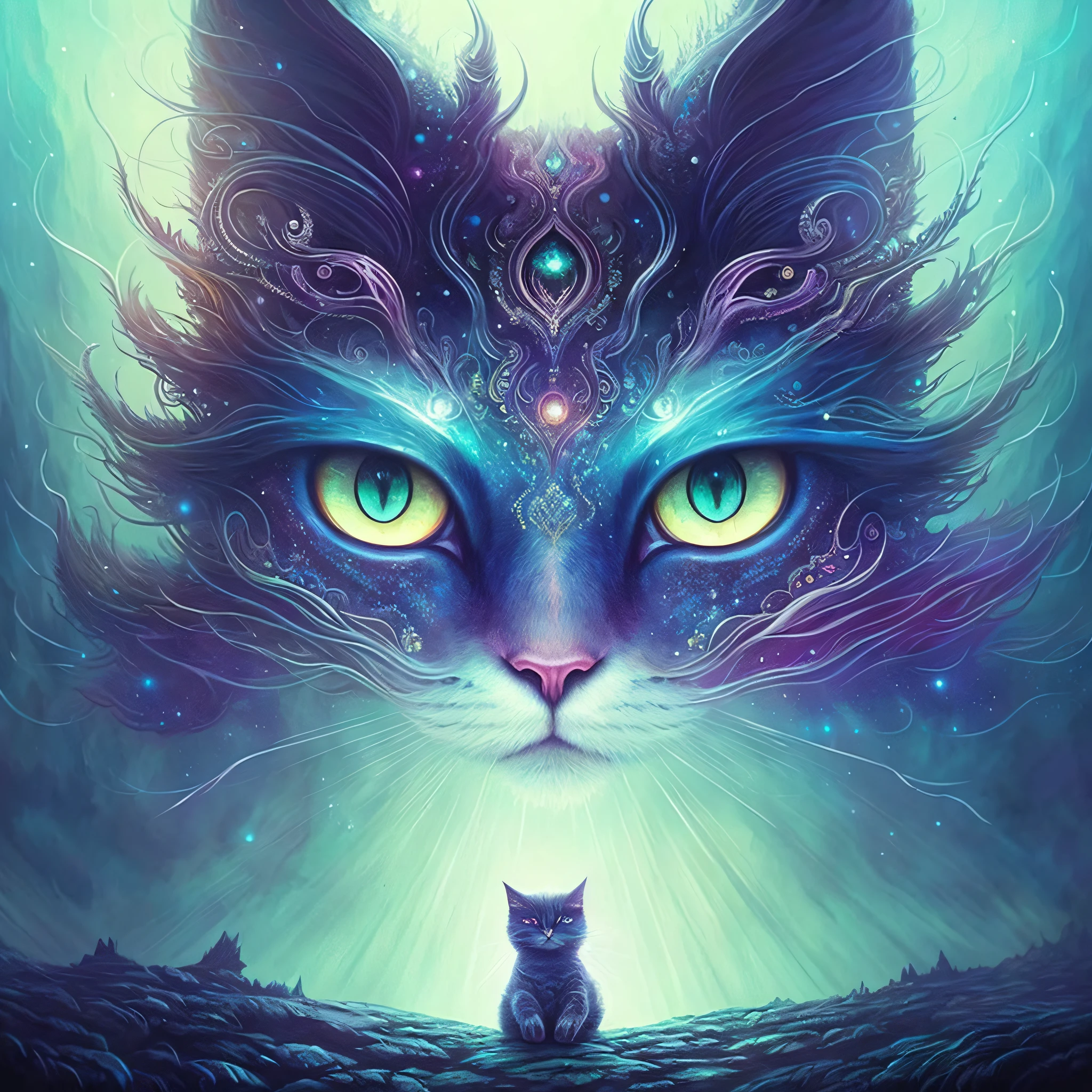 galactic cat with a lot of hair on it's head, third eye, staring at something in the distance, intricate details, electric, fantasy art, Anato Finnstark, emulsion painting, highly detailed, misty
rutkowski, hdr, hyperdetailed, rim light, faded, dim