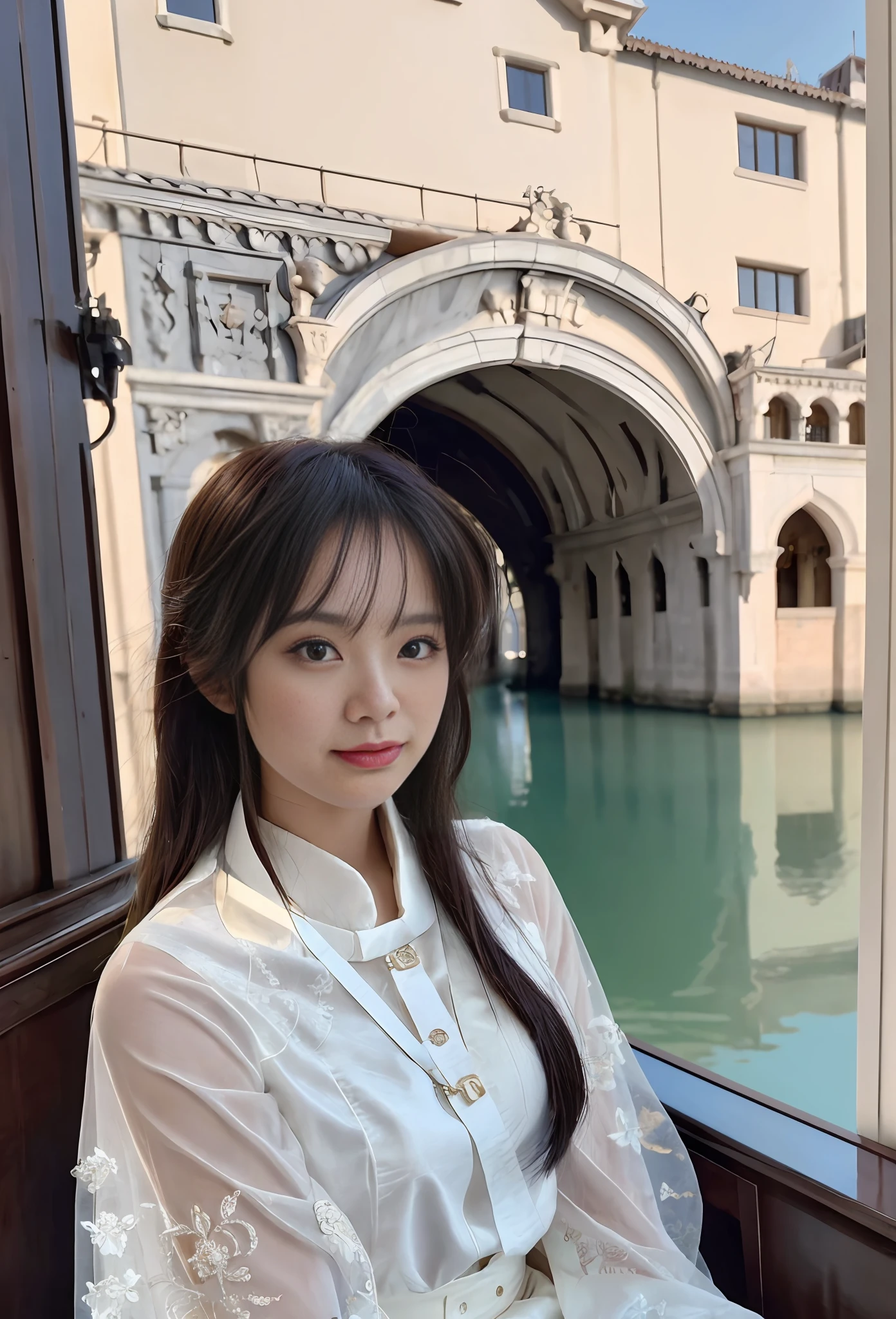 modelshoot style, (extremely detailed CG unity 8k wallpaper), full shot body photo of the most beautiful artwork in the world, stunningly beautiful photo realistic cute women, a hyper realistic ultra detailed photograph of a beautiful girl as a female 2020s dancer on the boat of 2020s Venice,(Bridge Of Sighs background),(princess eyes,shiny pupils), detailed symmetric beautiful hazel eyes, detailed gorgeous face,highly detailed, vibrant,professional majestic oil painting by Ed Blinkey, Atey Ghailan, Studio Ghibli, by Jeremy Mann, Greg Manchess, Antonio Moro, trending on ArtStation, trending on CGSociety, Intricate, High Detail, Sharp focus, dramatic, photorealistic painting art by midjourney and greg rutkowski