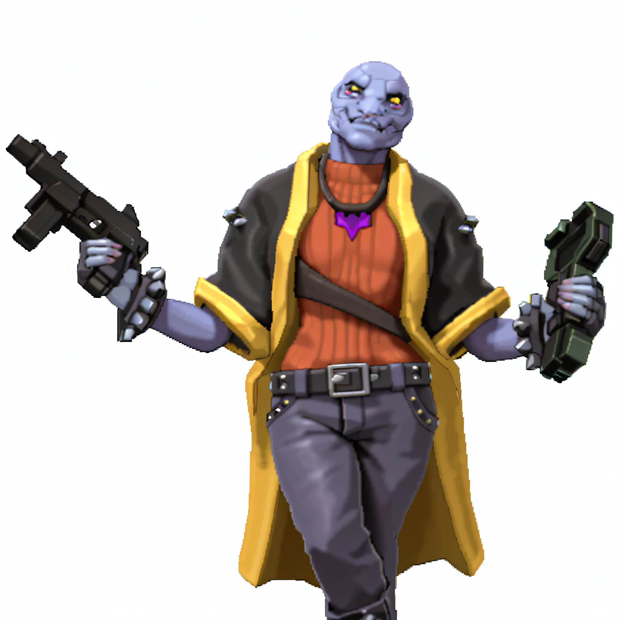 A closeup of a female alien holding a gun and a gun, Starfinder character, Starfinder style, Starfinder style, villain pose, evil standing smile pose, ocatne render, full portrait of electromancer, Cultist, 3D render of jerma 9 8 5, Detailed Highley, SFM render, video game character, hyperdetailed full-body shot