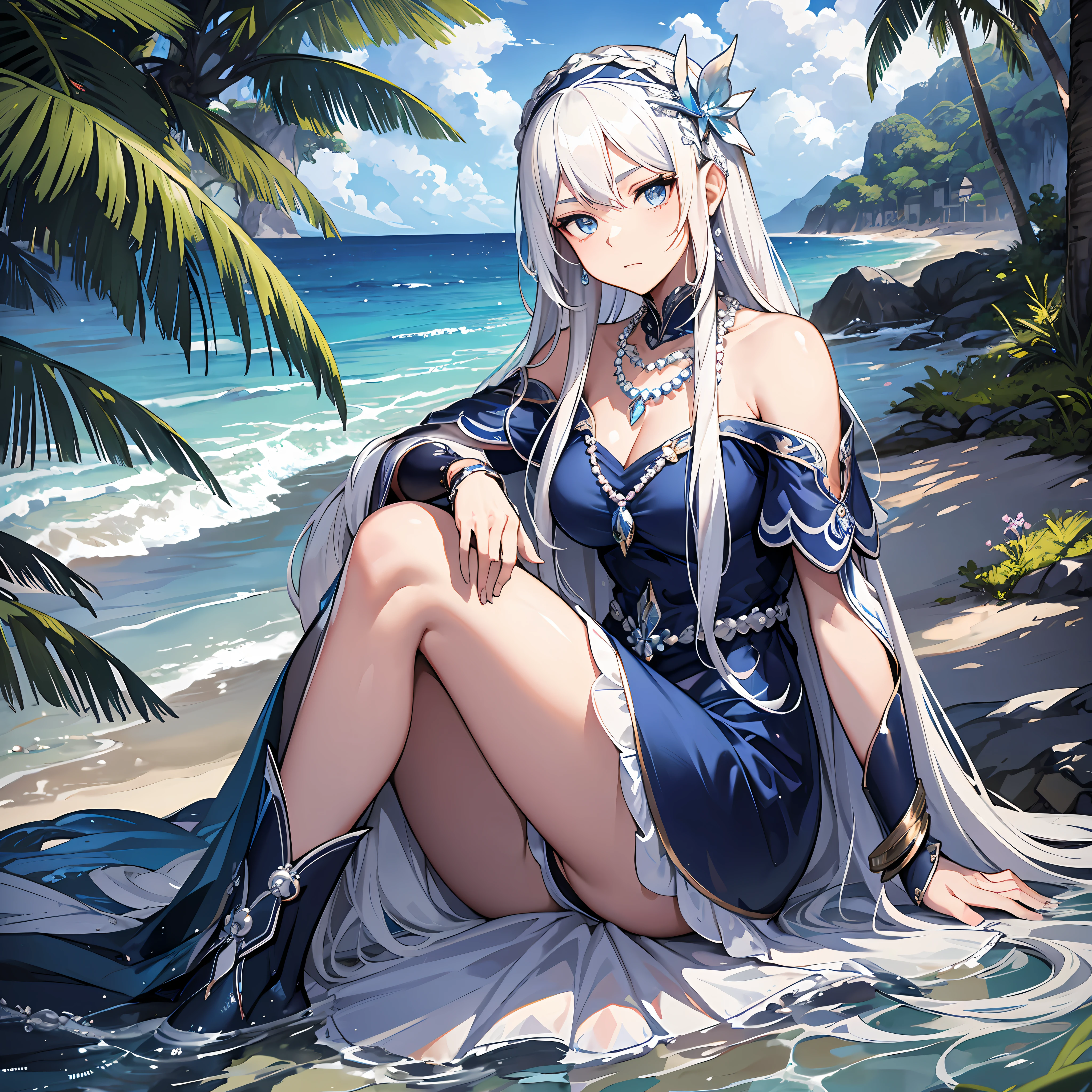 Masterpiece, Old, female, long white hair, wearing a mermaid headband and pearl necklace, Slanted eyes, blue navy sexy dress, Sitting by the beach, serious expression, with a sharp gaze, full body