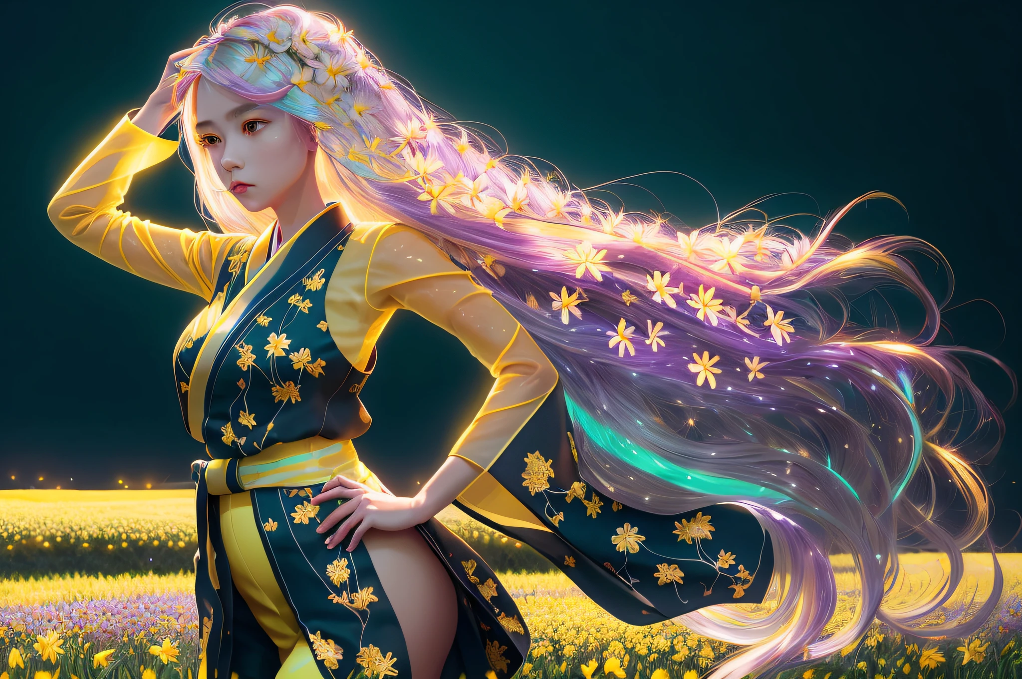 masterpiece, best quality, realistic, (wide-angle), (solo), 1 girl, 1 woman, 1, clear image, bioluminescent details, shimmering light, subsurface scattering, wide hips, thick thighs, female, night, long kimono, (((two tone hair color))), very long hair, glowing, glow hair tips, crystal (yellow:1.3) hair, (Field of Flowers:1.3), (Arms on hips:1.3), (yellow:1.3), (Field of Flowers:1.3)