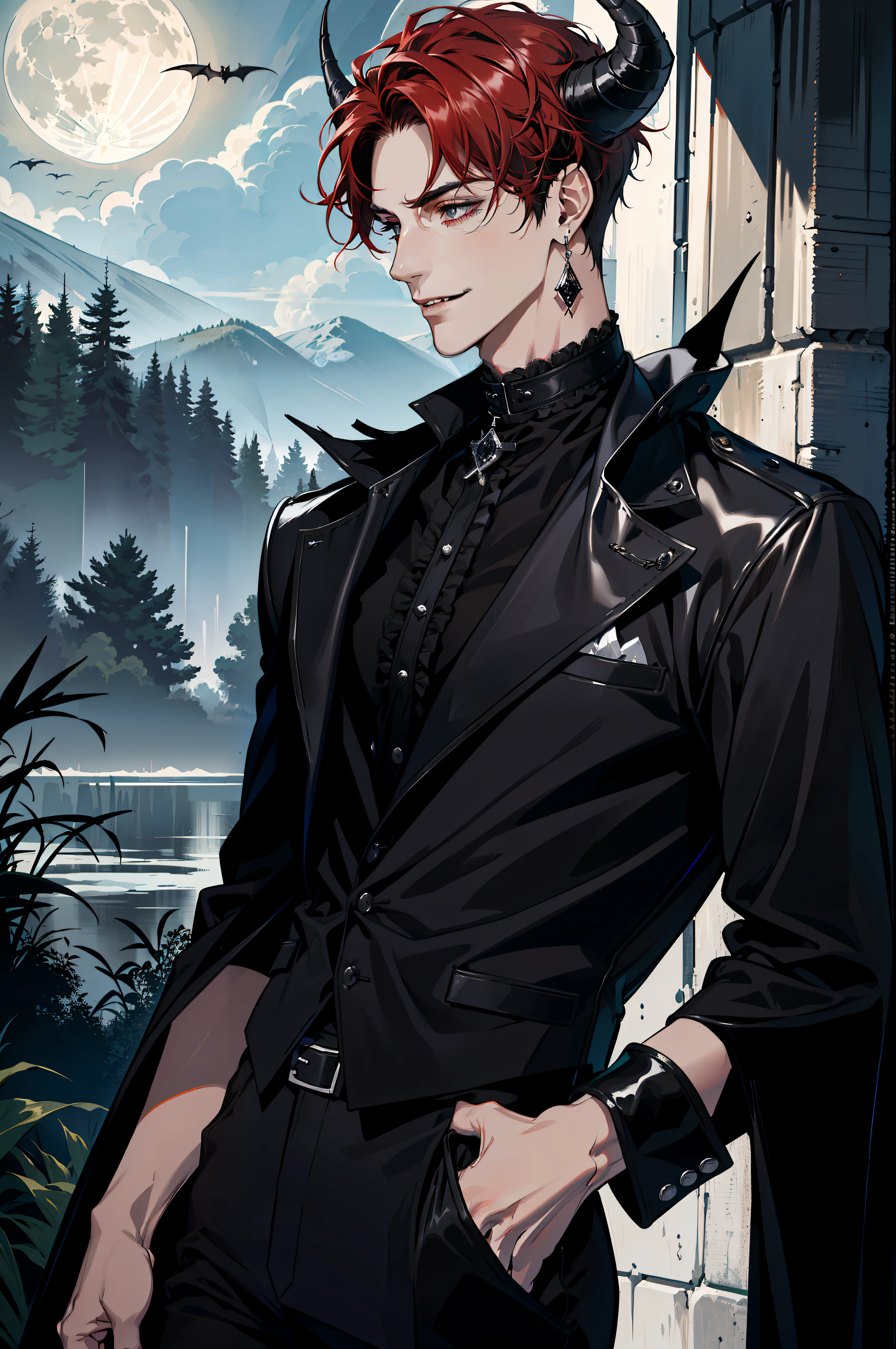 (absurdres, highres, ultra detailed), 1 male, adult, handsome, tall guy, broad shoulders, finely detailed eyes and detailed face, black leather clothes, night, smile, dutch angle, short red hair, moon, forest, black horns in his head, silver details, earrings, black chocker, gothic, dark, vampire, black pants, horns