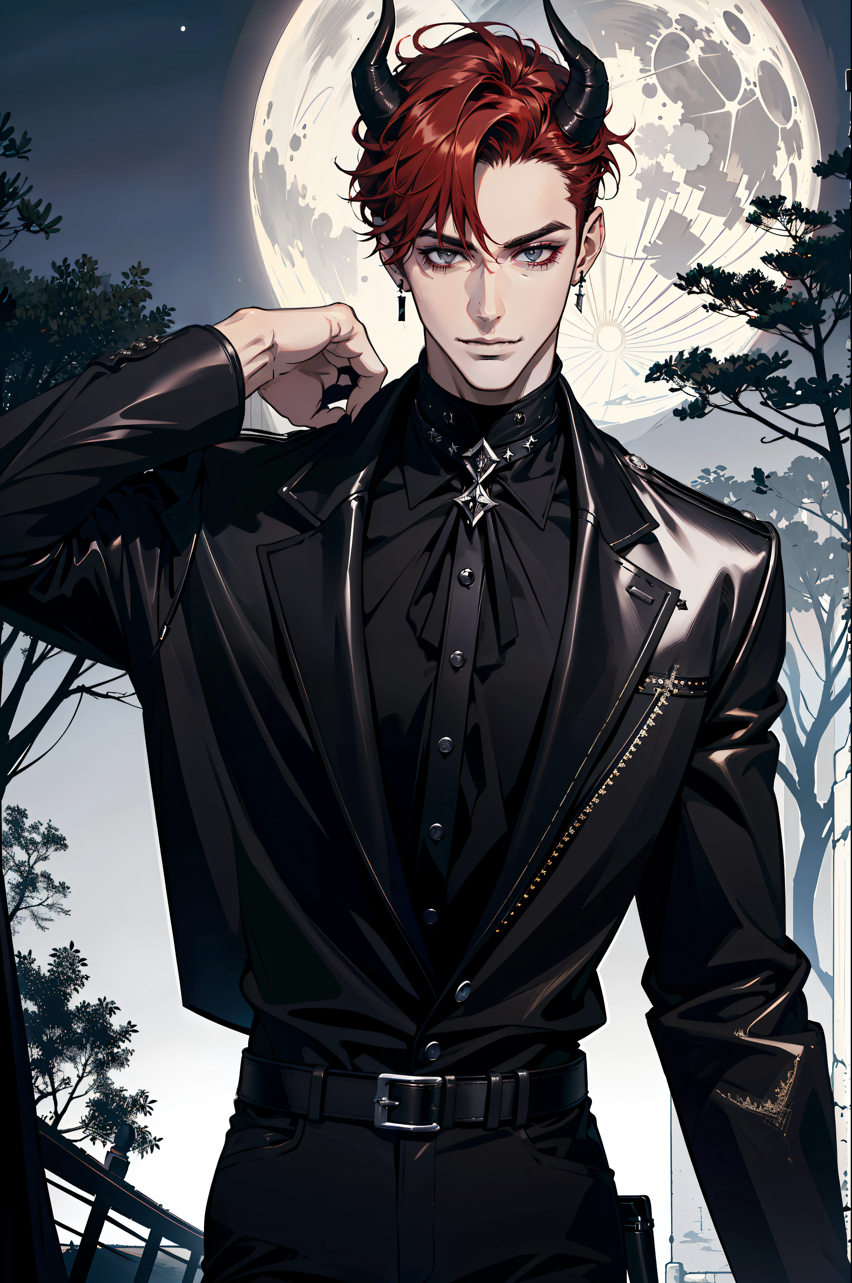 (absurdres, highres, ultra detailed), 1 male, adult, handsome, tall guy, broad shoulders, finely detailed eyes and detailed face, black leather clothes, night, smile, dutch angle, short red hair, moon, forest, black horns in his head, silver details, earrings, black chocker, gothic, dark, vampire, black pants, horns