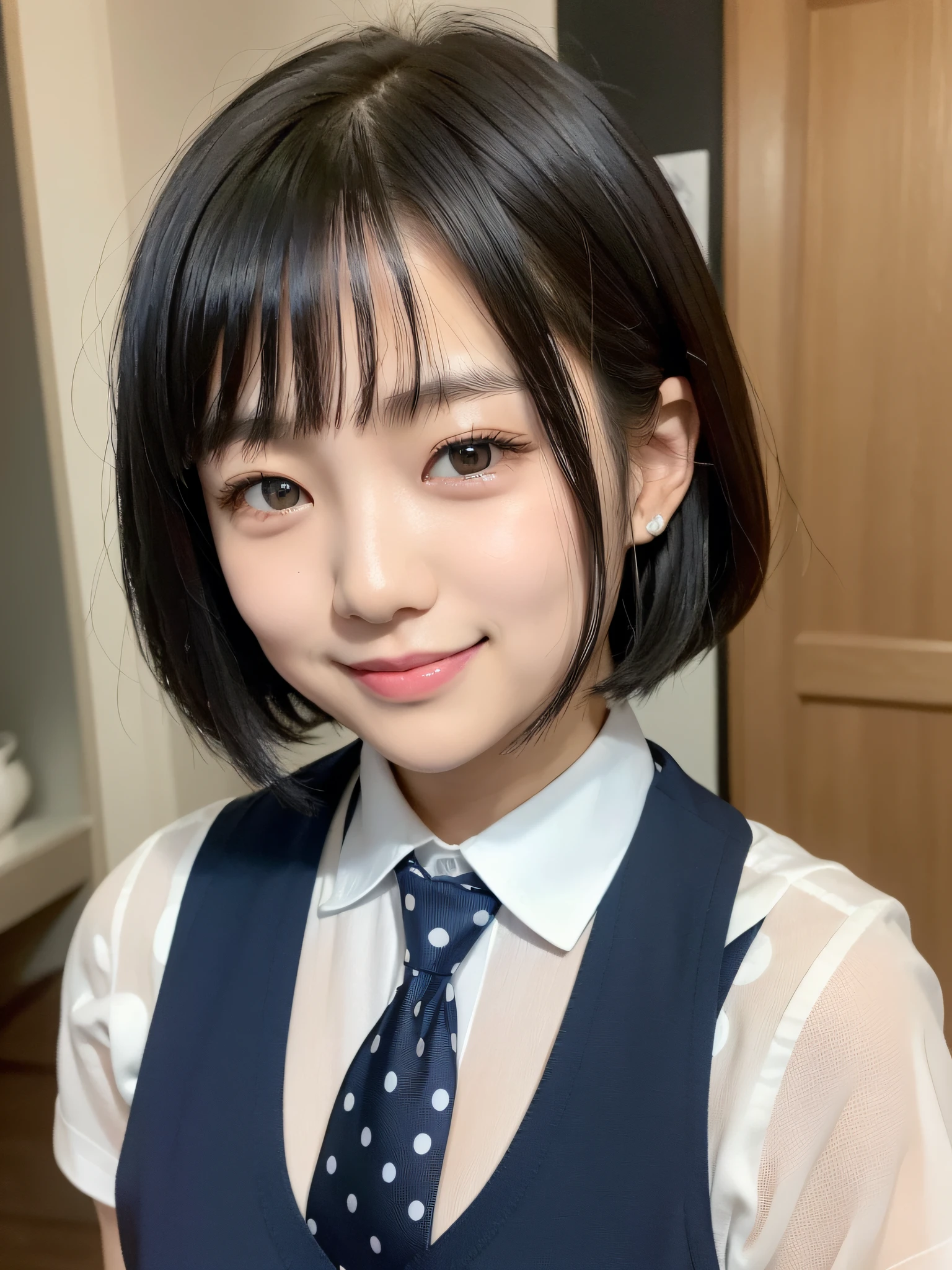 Japan woman of 20 years old, straight black hair cut down to the shoulders, smiling with teeth showing, neat, intelligent, (small breasts), black suit, vest, ((dark blue white, small and many polka-dot ties))), ((plain white shirt)), ((plain white shirt)),