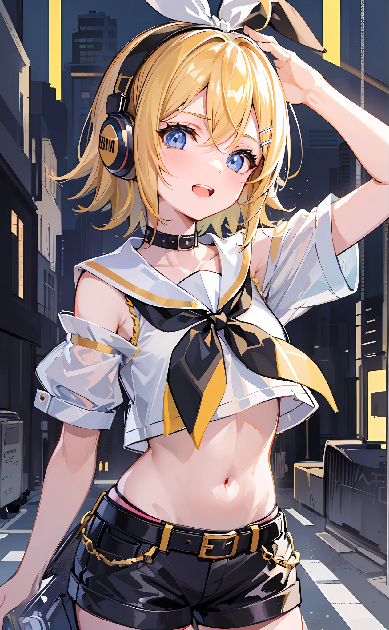 Masterpiece, Top Quality, Super Detail, High Resolution, Absurdity, One Girl, (Kagamine_Rin: 1.5), Vocaloid, Very Cute, Short Hair, (Pretty Blonde: 1.3), Clean Skin, Small, sailor_collar, (Yellow Neckerchief), (Clear Blue Eyes), [White Shirt], [Clothes with Cropped Shoulders], Bright Eyes, Light in the Eyes, ( black pupil), blue archive style, hair clip, headphones, white hair ribbon, park, blue sky, big smile, , young, delicate body, showing a little teeth and laughing, (black shorts: 1.3), belt, innocence, viewers like, best moment, heart in background, precious, want to protect