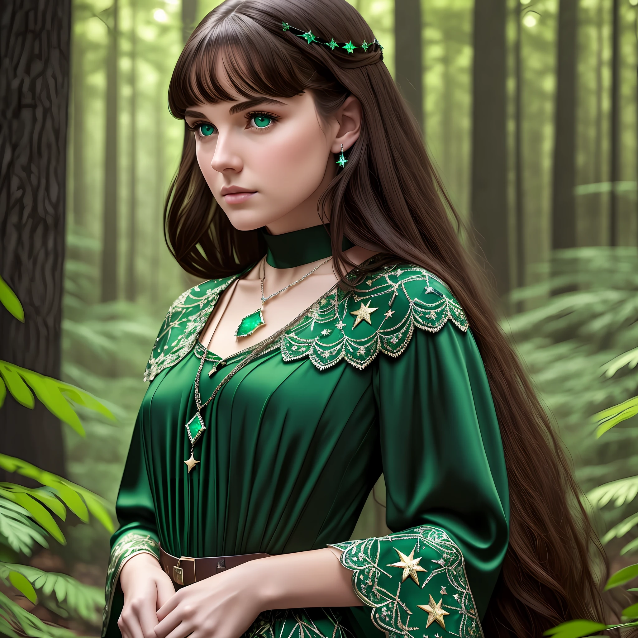 Young white American woman with dark green eyes, wearing a star-shaped emerald necklace, dark brown hair, long black dress. Detail: dark forest with dense and dry trees in blue tone and short. 4k, hyporealistic, best picture. --auto --s2