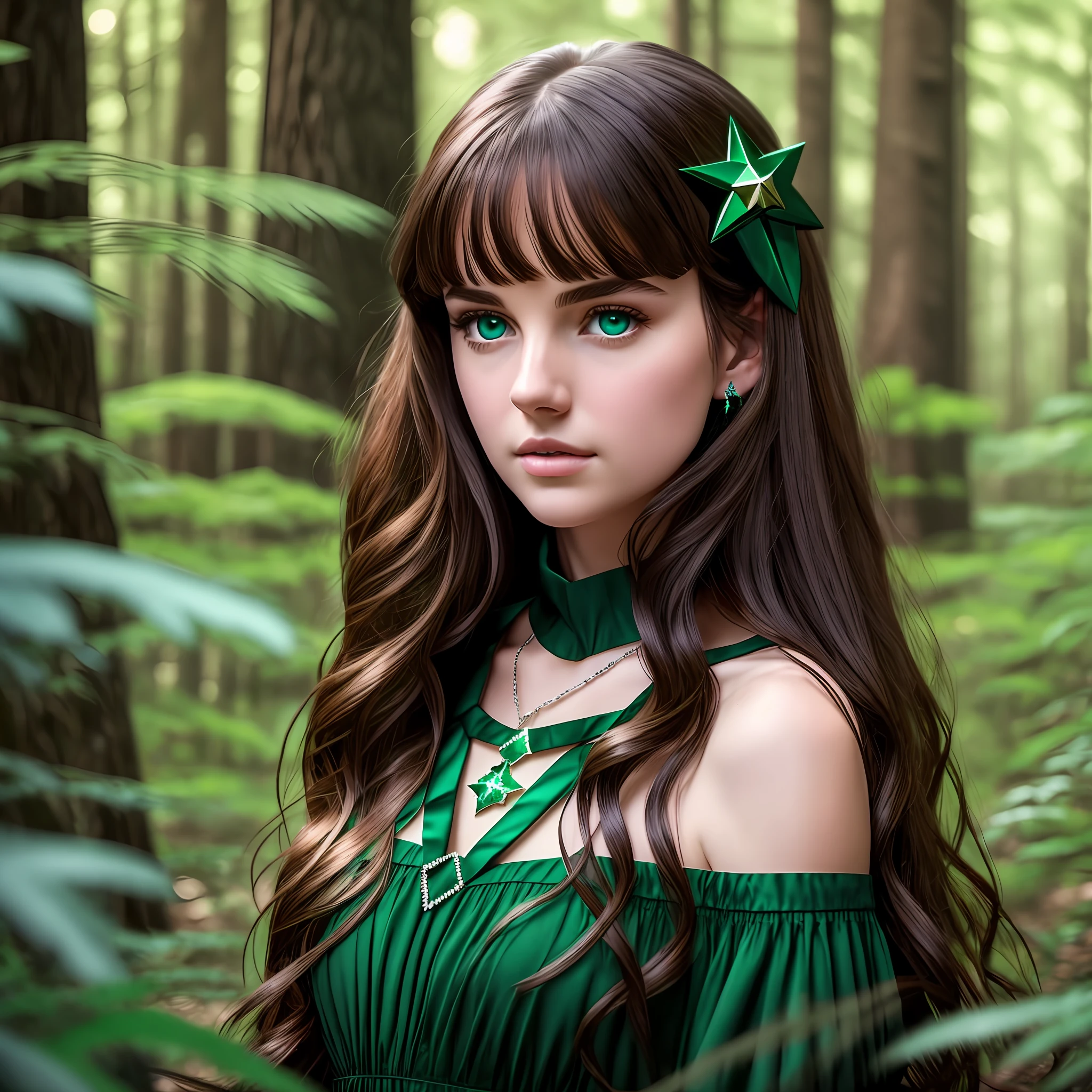 Young white American woman with dark green eyes, wearing a star-shaped emerald necklace, dark brown hair, long black dress. Detail: dark forest with dense and dry trees in blue tone and short. 4k, hyporealistic, best picture. --auto --s2