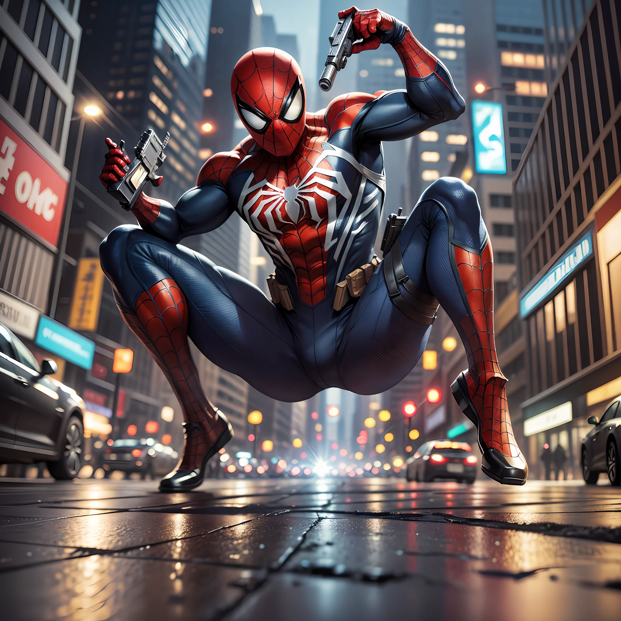Spider-man holding gun - an incredibly detailed masterpiece, the best possible quality in 3D illustration with ultra-realistic texture, extraordinarily dynamic, in high resolution, with enhanced lighting and a dramatic camera angle. The scene depicts a moment of action with Spider-Man holding a gun, which makes him even more formidable and heroic. The background is a busy street, with night lights and cars passing in the background. --auto --s2