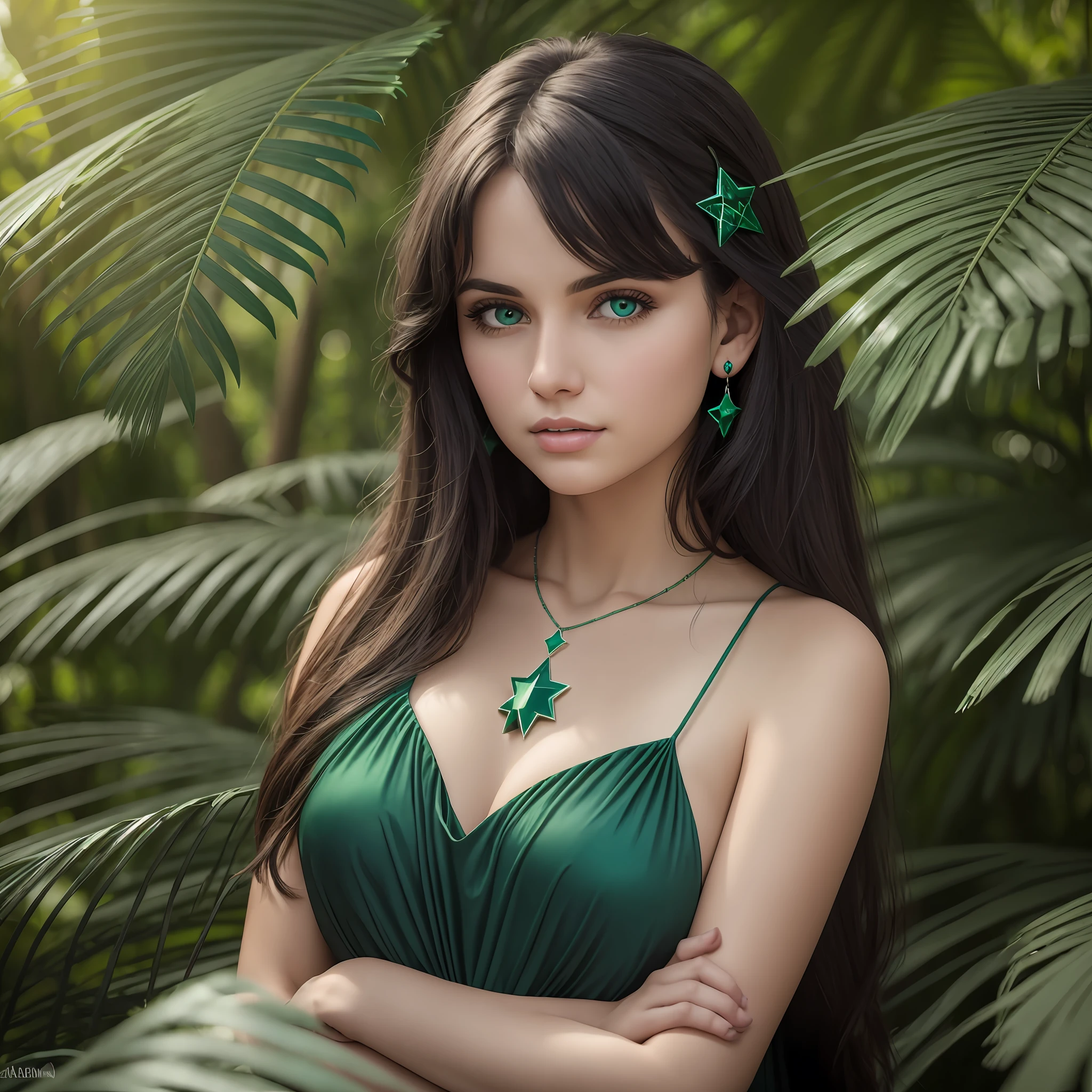 Young white American woman with dark green eyes, wearing a star-shaped emerald necklace, dark brown hair, long black dress. Detail: dark forest in blue tone with coconut trees. 4k, hyporealistic, best picture. --auto --s2