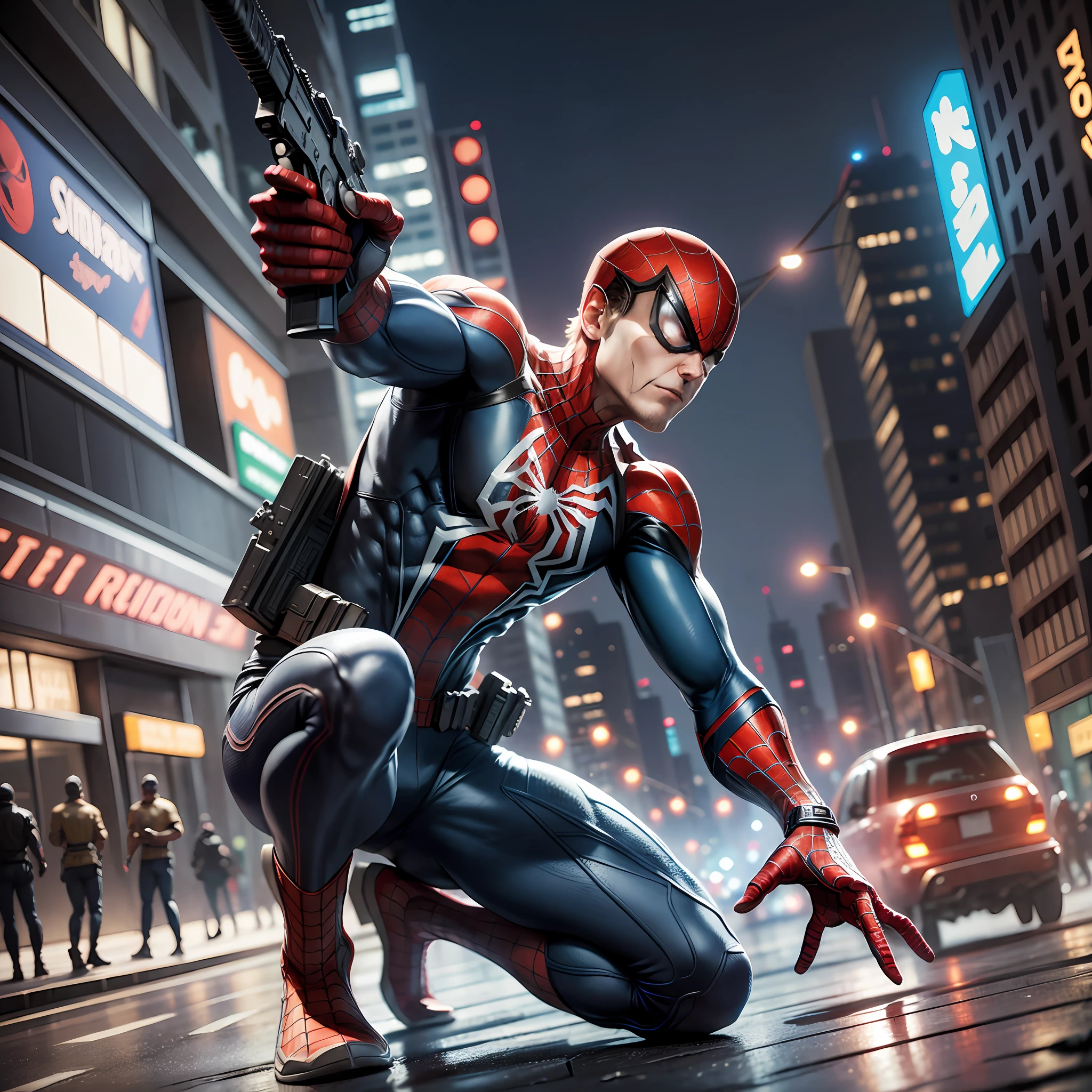 Spider-man holding gun - an incredibly detailed masterpiece, the best possible quality in 3D illustration with ultra-realistic texture, extraordinarily dynamic, in high resolution, with enhanced lighting and a dramatic camera angle. The scene depicts a moment of action with Spider-Man holding a gun, which makes him even more formidable and heroic. The background is a busy street, with night lights and cars passing in the background. --auto --s2
