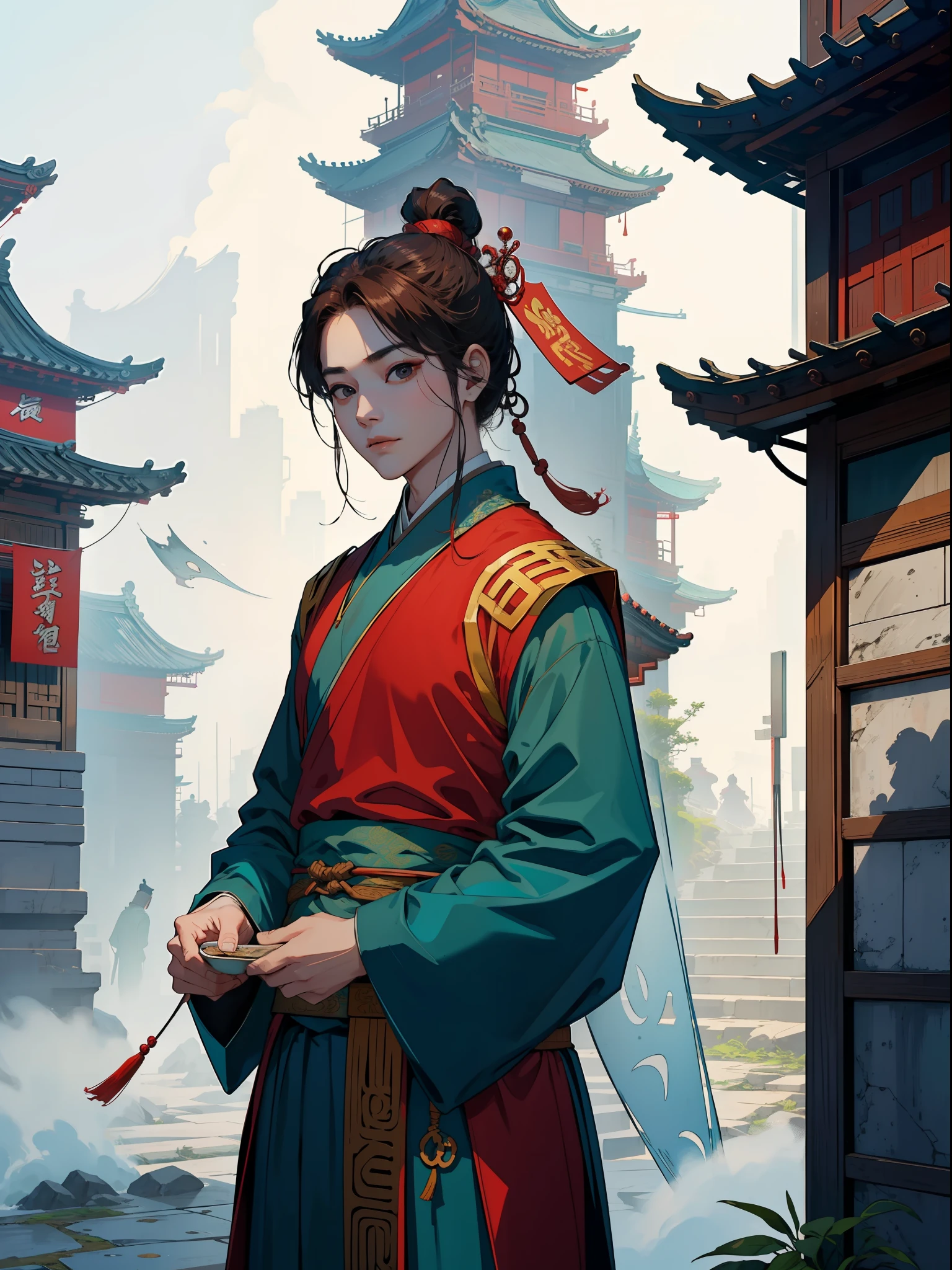 Ancient Chinese streets, (lively) + (crowds of people) + (multi-head: 1.5) + (multi-handed) + [Dugu seeking defeat, Ruyi Chuan, do you know if it should be green fat red thin, Chinese tradition, (tea house/tavern/shop): 1.2]