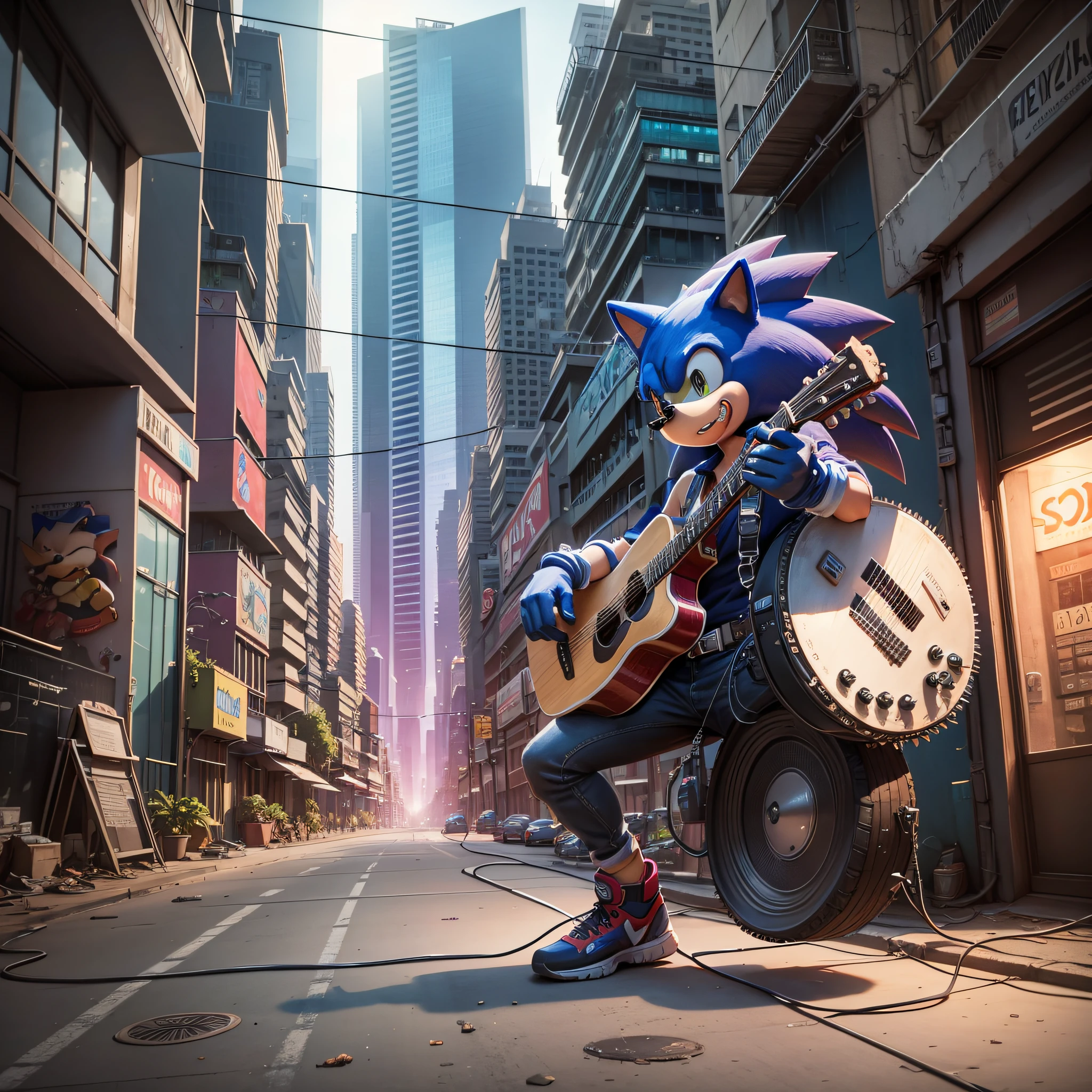 Sonic the hedgehog playing the guitar, in an ultra realistic style cyberpunk city --auto --s2
