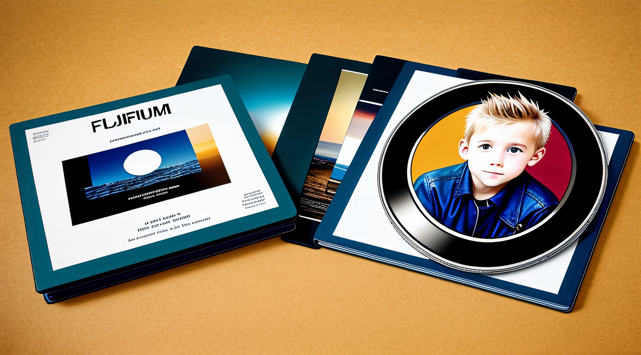 BLONDE BOYS KIDS IN LEATHER JACKET , A closeup of a CD and a CD box on a table, Packshot, CDs, CD Jacket, DVD Package, Medium Close Shot, Detailed Product Image, Medium Wide Shot, Medium Closeup, Close Medium Shot, New Boards of Canada album cover, soft vinyl, round format, Boards of Canada album cover,  BLU - Ray Transfer 5 K, Fujifilm"