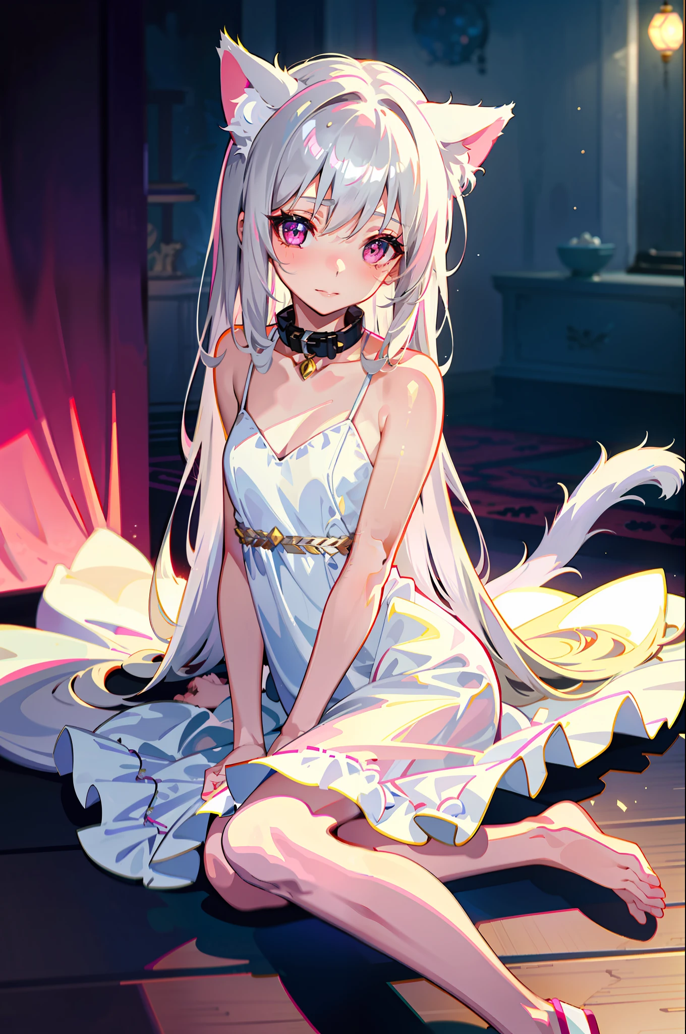 Best Quality, 1 Girl, Warm Lighting, Silver Hair on the Top of the Head and Pink at the Tips, Cute, Anime, Sheer White Skin, Asian Girl, Full Body, Sensual, Gentle Eyes, Cat Ears, Animation, Fantasy, Seductive, Shy Face, 14 Years Old, Frightened, White Dress, Collar, Tail, Wizard