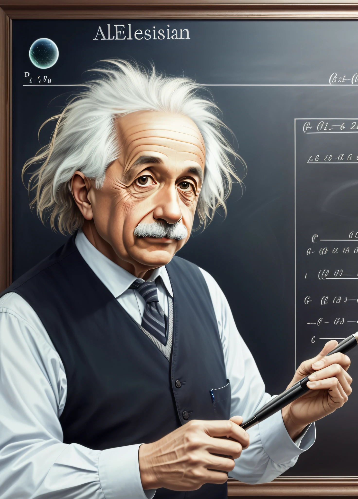 Realistic photo of Albert Einstein, physics calculations on a blackboard in the background