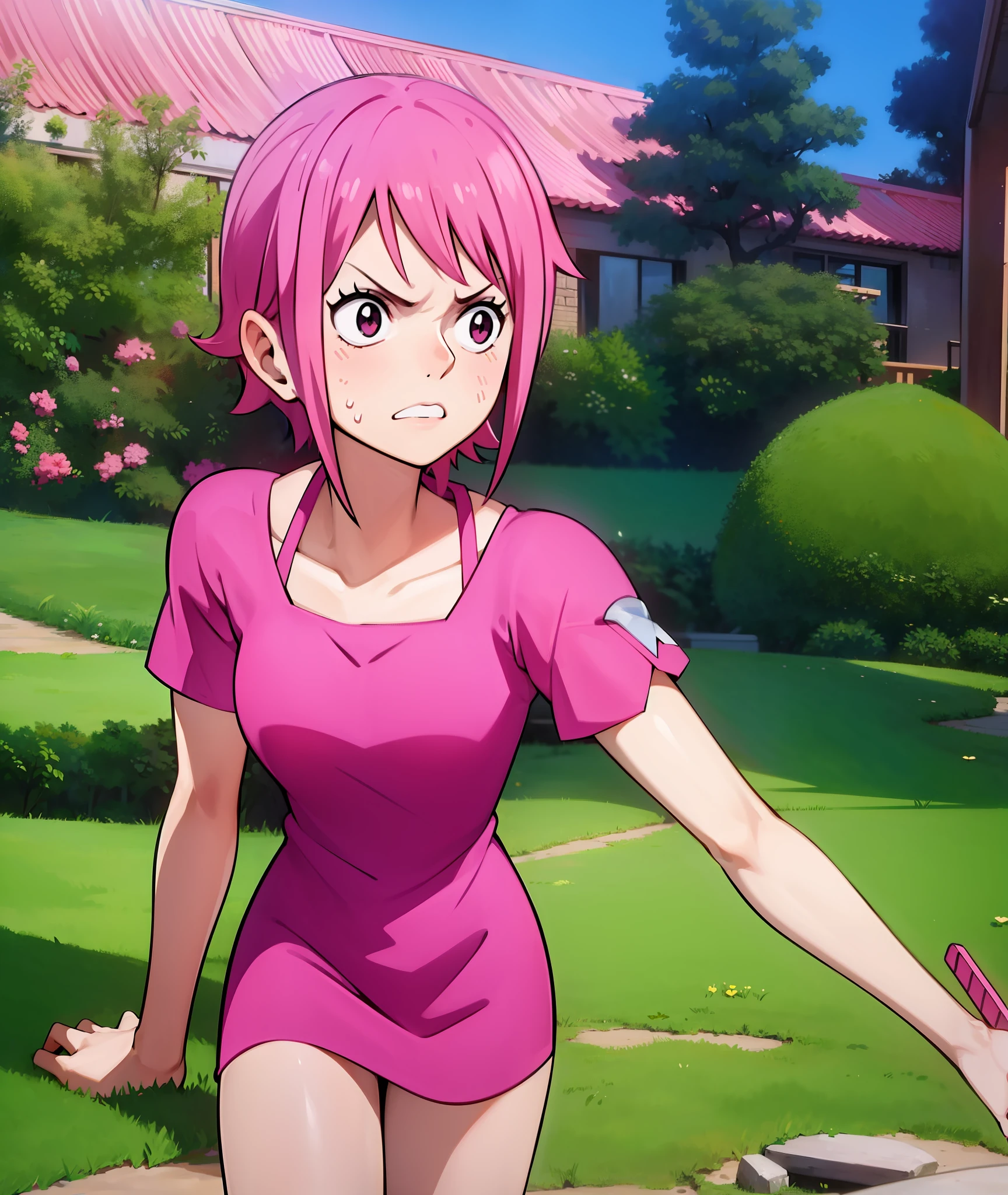 1girl, pink hair, short hair, black and pink clothes, flat, pink eyes, mean, short, sitting, angry, bored, sword