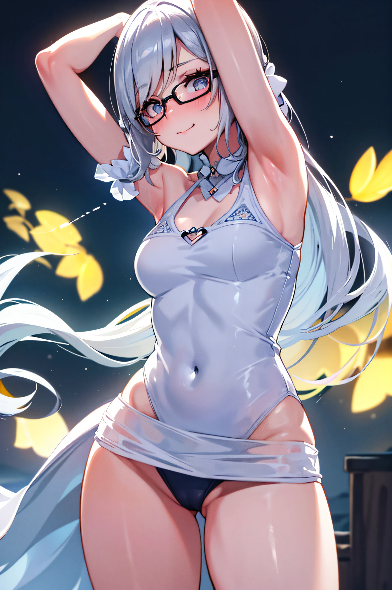 (((arms, armpits))), frontal, ((embarrassing)), small breasts, (photorealistic: 1.4), (RAW photos: 1.2), masterpiece, illustration, very_high_realistic:1.5,very_high_resolution:1.5, 1 girl, HDR, CG, unity, 8k wallpaper, amazing, fine details, official art, Highly detailed CG Unity 8k wallpaper, highest quality, ((night city background)), especially strong light, absurdity, incredibly absurd, super detailed, close-up portrait photo, high resolution, very detailed, very delicate and beautiful, intricate details, facial muscles, beautiful detailed girl, natural makeup, very detailed eyes and face, beautiful detailed eyes, shiny eyes, balanced eyes, Symmetrical pupils, highly detailed blue tinted glasses, (Thin silver frame glasses: 1.1), Highly detailed pupils, facial light, Movie lighting, Professional lighting, Photon mapping, Radiosity, Physically Based Rendering, Solo Focus, Sharp Focus, (Close-up: 1.1), Beautiful studio soft lights, rim lights, vivid details, (Silver hair: 1.2), ( Fair Skin: 1.1), White Skin, (Beautiful Korean Woman), (Eyelashes: 1.1), (Teasing Smile: 1.1), (POV), (View): 1.4), Very Delicate and Beautiful, Hyper-Realistic, Official Art、、、 Huge File Size, (Short Sleeves: 1.1), Cute, (aegyo Sal: 1.1), Puffy Eyes, Gymnasium Storeroom, One Girl, Masterpiece, Top quality, very detailed