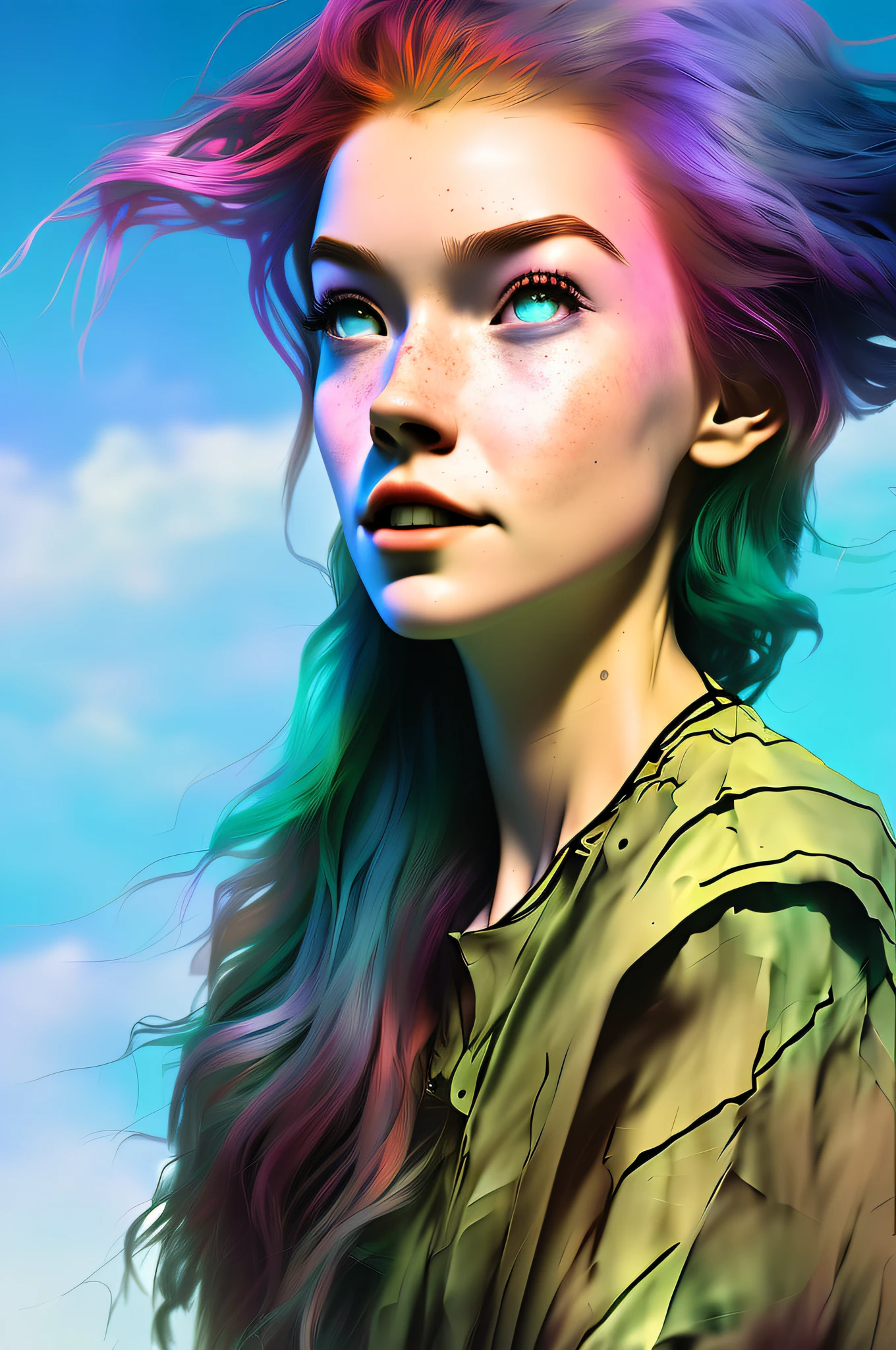 realistic digital portrait of a young woman looking at far, (ocean in the background), blue_sky, intricate iridescent rainbow hair, cloud, depth_of_field, from 1/4 right, (highly detailed face and green eyes:1.1), flying hairs, (mischievous smile), freckles:1.1, subsurface scattering, (nvinkpunk:1.1), octane render, absurdres, realistic:1.3, soft lighting, pan, (wide angle), HDR, 4k,