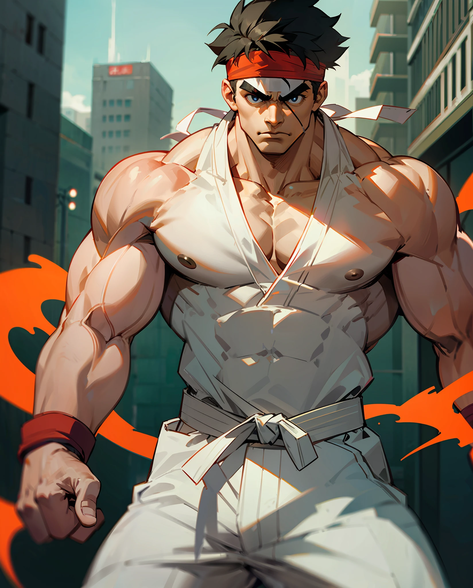 Hulk, attitude, wearing white karate outfit, red bandana, focus energy, street fighter --auto --s2