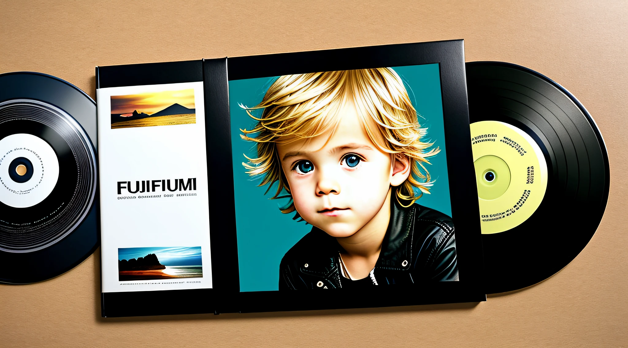 BLONDE BOY CHILD IN LEATHER JACKET , A closeup of a CD and a CD box on a table, Packshot, CDs, CD Jacket, DVD Package, Medium Close Shot, Detailed Product Image, Medium Wide Shot, Medium Closeup, Close Medium Shot, New Boards of Canada album cover, soft vinyl, round format, Boards of Canada album cover,  BLU - Ray Transfer 5 K, Fujifilm"