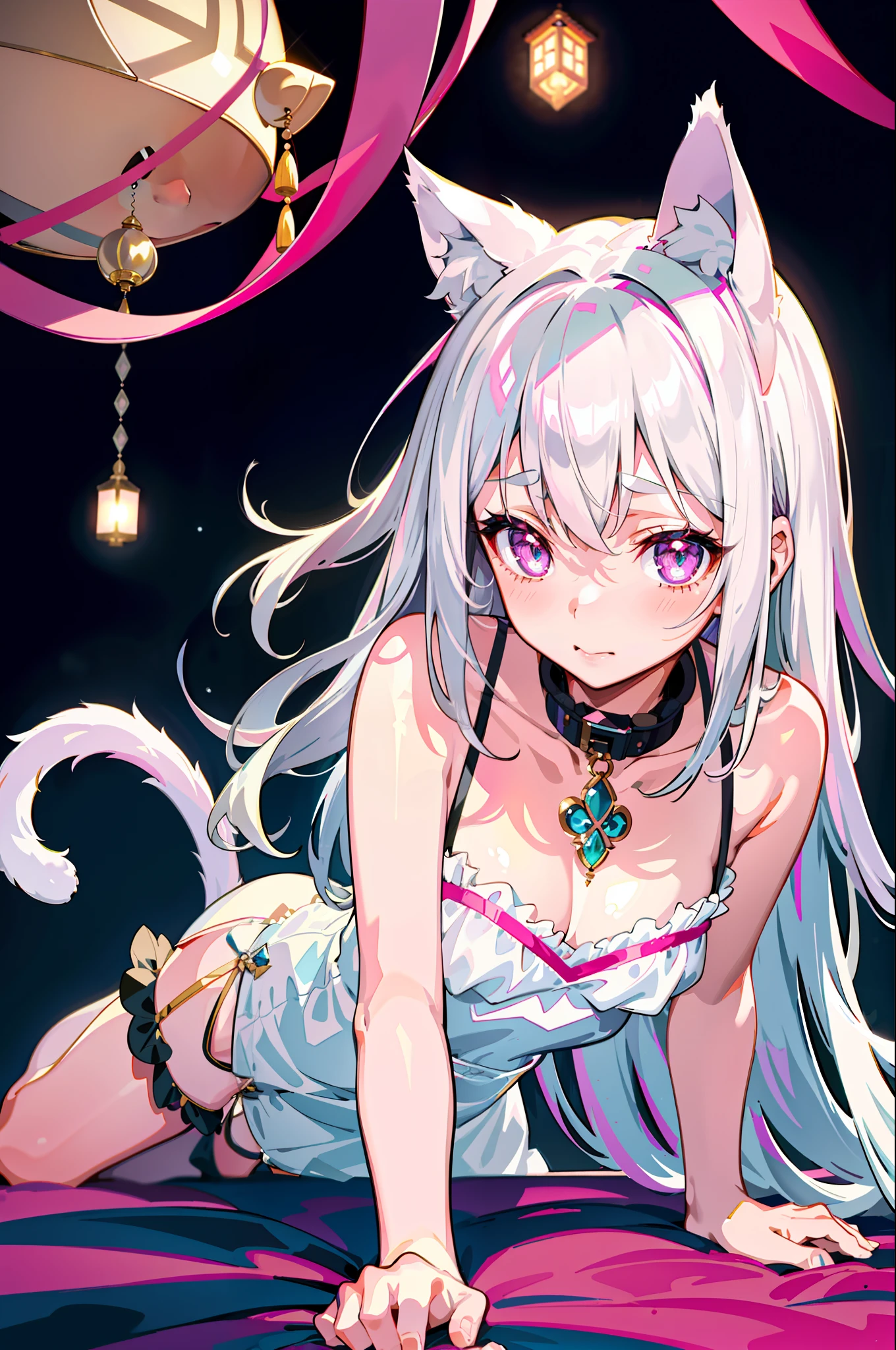 Best Quality, 1 Girl, Warm Lighting, Silver Hair on the Top of the Head and Pink at the Tips, Cute, Anime, Sheer White Skin, Asian Girl, Full Body, Sensual, Gentle Eyes, Cat Ears, Animation, Fantasy, Seductive, Shy Face, 14 Years Old, Frightened, White Dress, Collar, Tail, Wizard