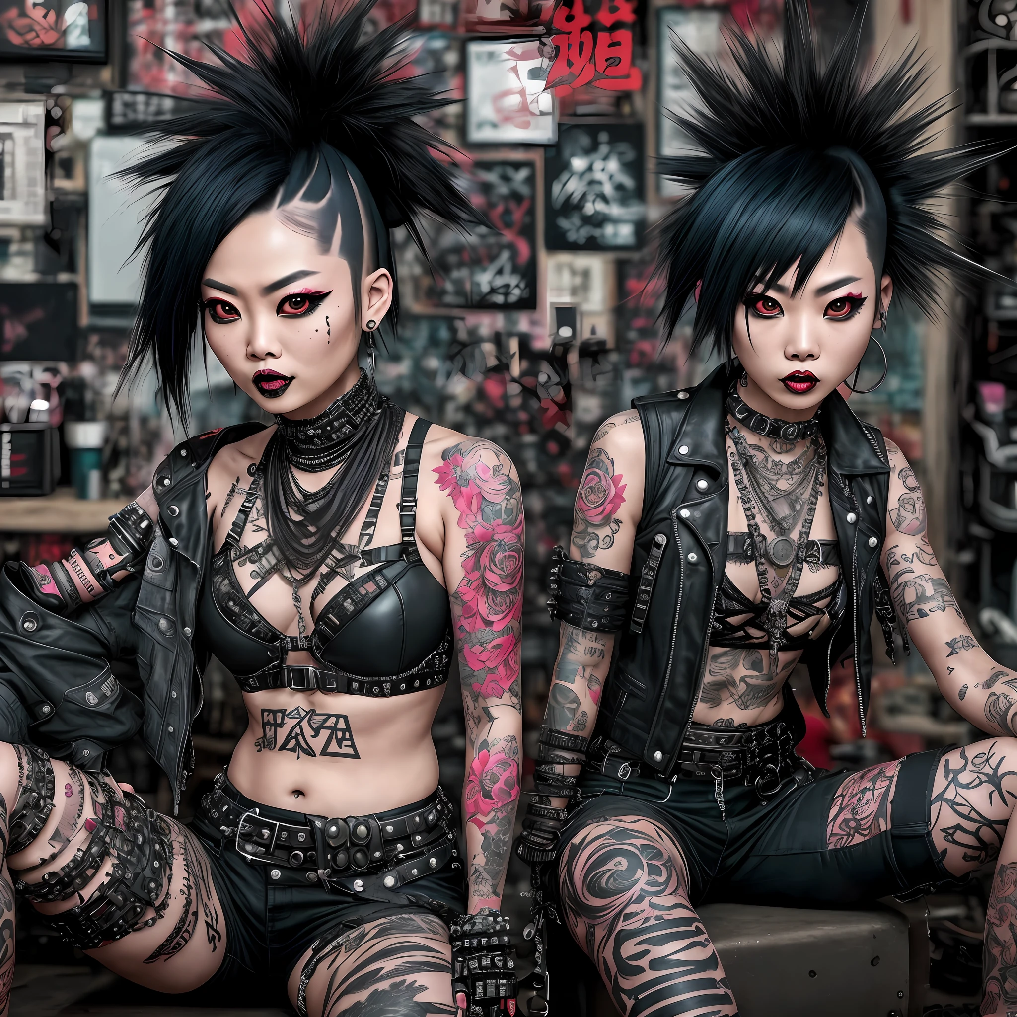 Young Woman black hair SPIKE PUNK style , sitting, chonmage hair, bondage, waraji, chaotic, Eclectic Interior Design, metal bra, intricate details, hyperdetailed, tattoo, goth, Grimacing  ((punk asian girl)) ((rebel Girl)) ((1girl)) (( face zoom))