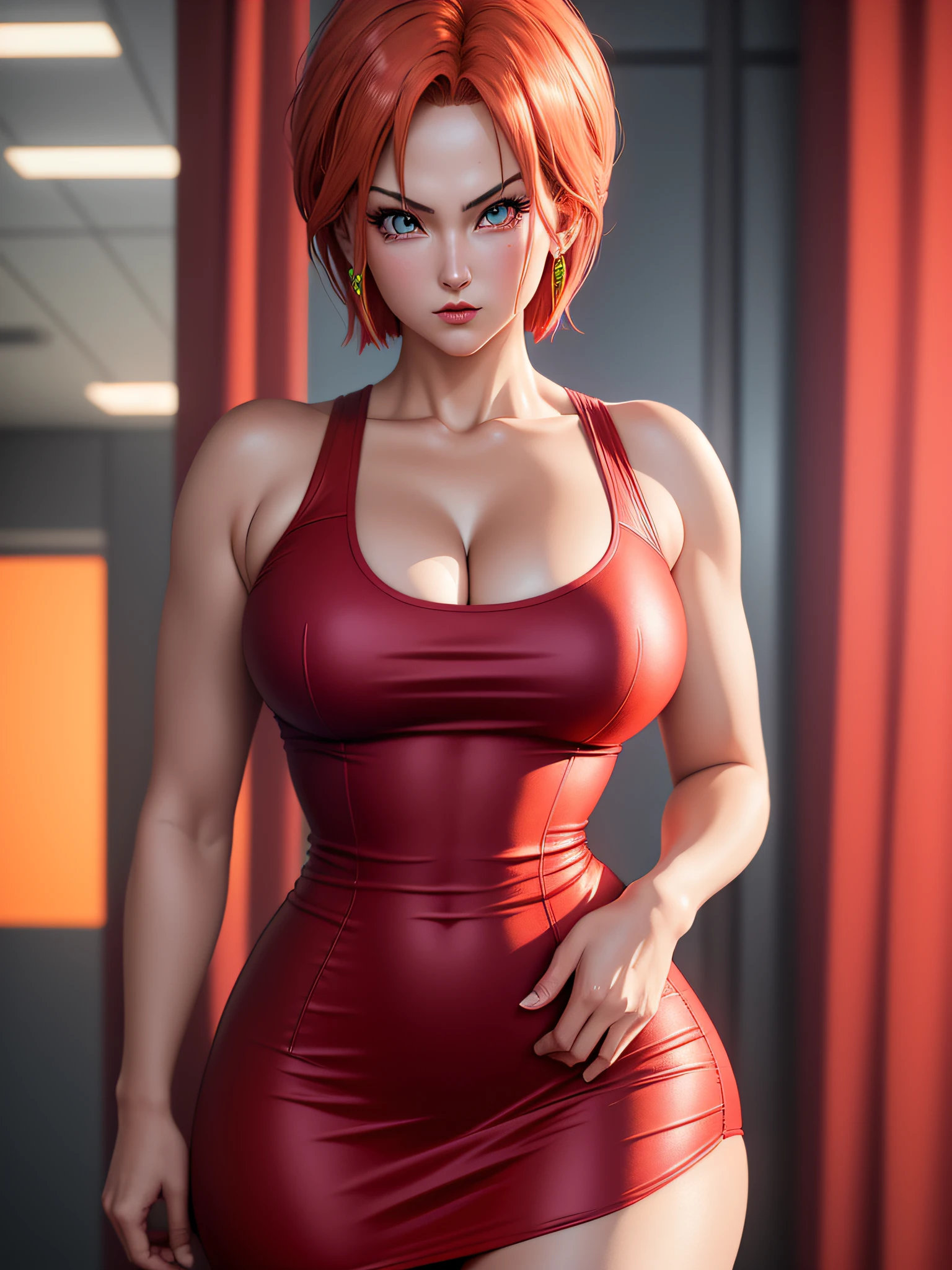 lone (buruma_brief_older Buruma_DBZ_Cell)1.4, (cleavage large_breasts, red short-dress), standing, front view, (high detailed skin:1.2)(realistic pupils,realistic iris:1), 8k uhd