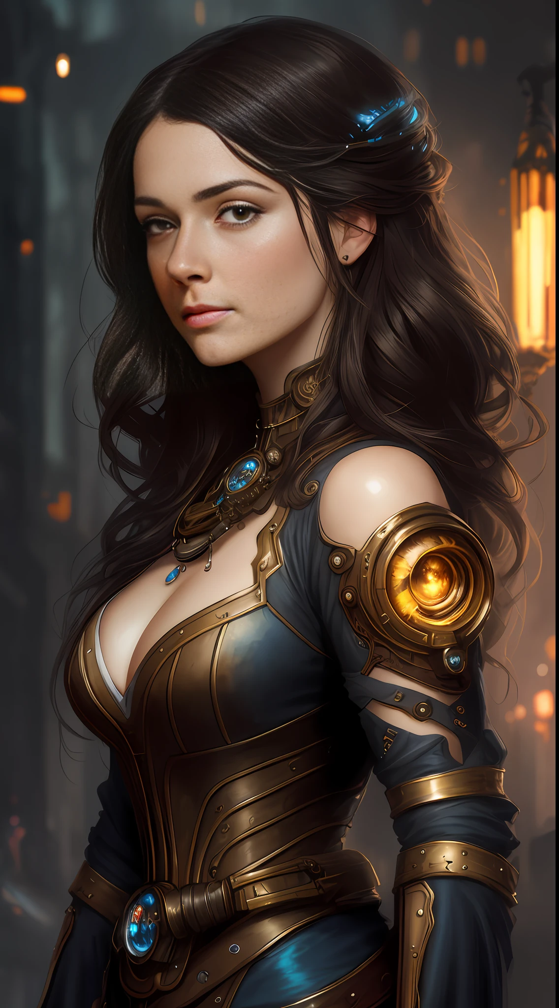 Clara Crawford, photorealistic beautiful woman, dark hair, head and shoulders, cover, hyperdetailed painting, luminism, Bar lighting, complex, 4k resolution concept art portrait by Greg Rutkowski, Artgerm, WLOP, Alphonse Mucha, little fusion pojatti realistic steampunk, fractal isometrics details bioluminescens : a stunning realistic