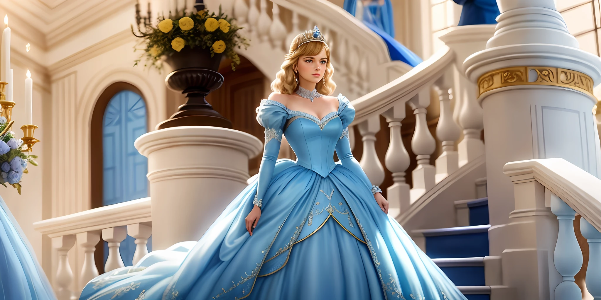 a close up of a woman in a blue dress on a staircase, cinderella, margot robbie as a fairy, wearing a magnificent dress, emma watson as the queen of ice, dressed beautiful gown, movie still of emma watson, magical dress, in blue dress, beautiful princess, rebecca romijn as dorothy, scene from live action movie, film still of emma watson