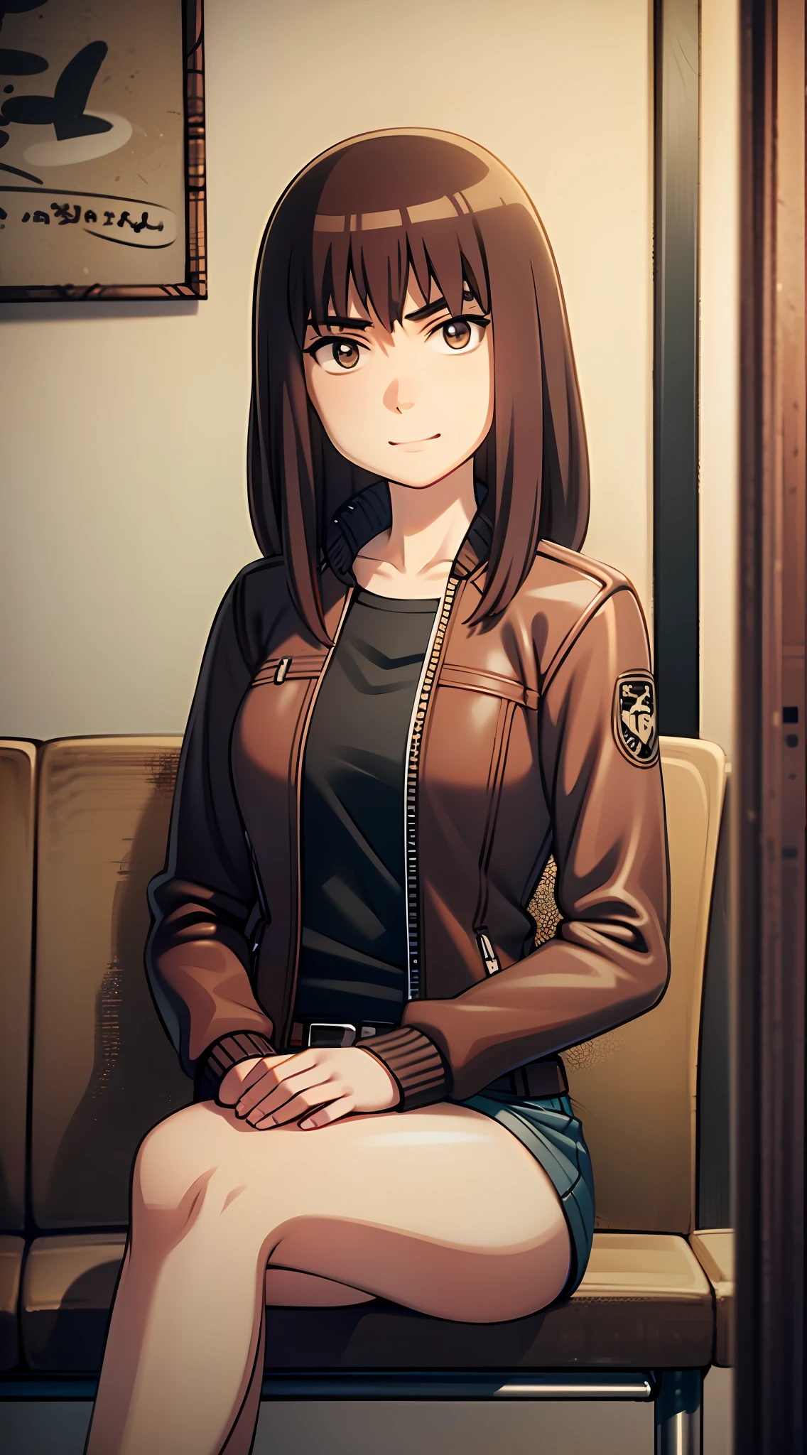 KIRUKO, 1 girl, masterpiece, solo, (best quality, perfect detailed, beautifully detailed face, detailed eyes), brown hair, pants, jacket, belt, jeans, brown eyes, day, denim, sky, open clothes, indoor, shirt, open jacket, smile, breasts, building, medium breasts, black shirt, solo, sitting, chair, blush, shy,