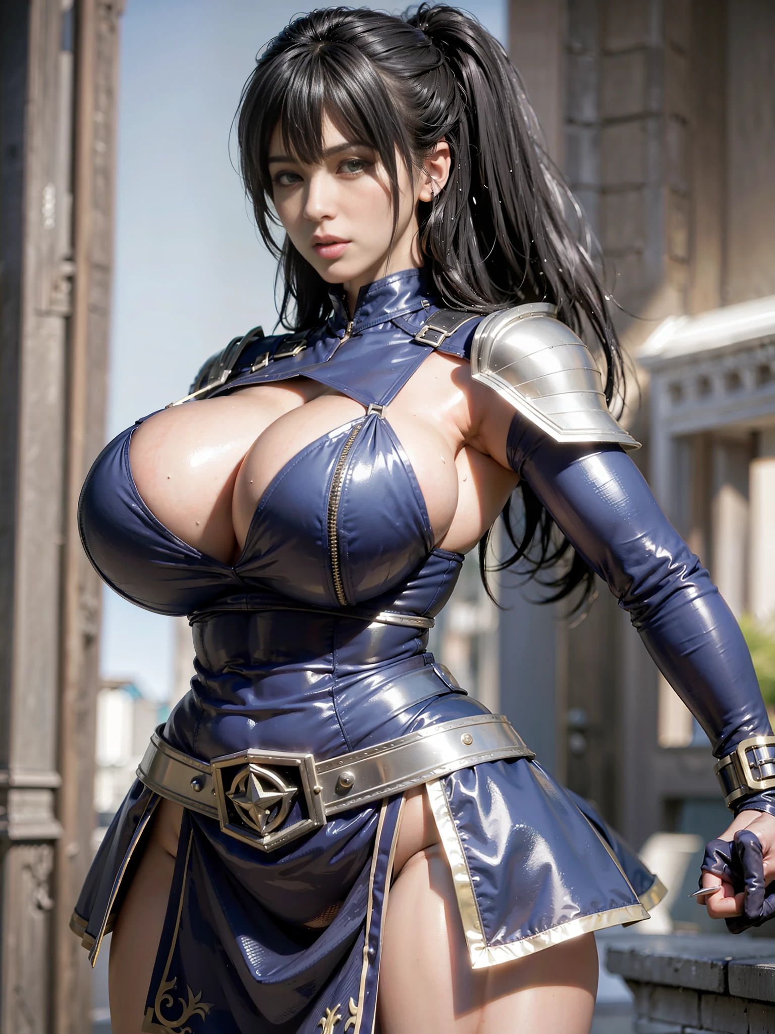 Unreal Engine 5 Realistic Rendering, wearing cosplay super-girl and lower skirt, hot model Korean, front bangs hair, beautiful face, top body is hyper realistic thicc muscle and hyper largest_breasts!! with the type of boobs_melons, lower is huge buttocks, wet shiny body