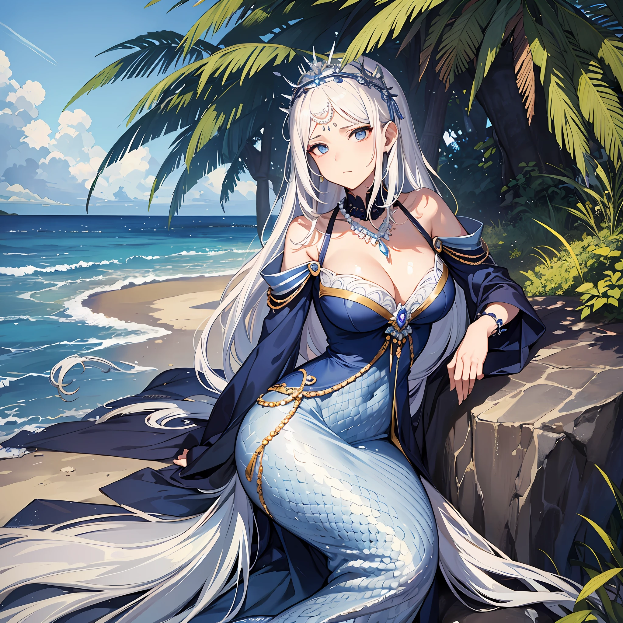 Masterpiece, Old, female, long white hair, wearing a mermaid headband and pearl necklace, Slanted eyes, blue navy sexy open dress, Sitting by the beach, serious expression, with a sharp gaze, full body