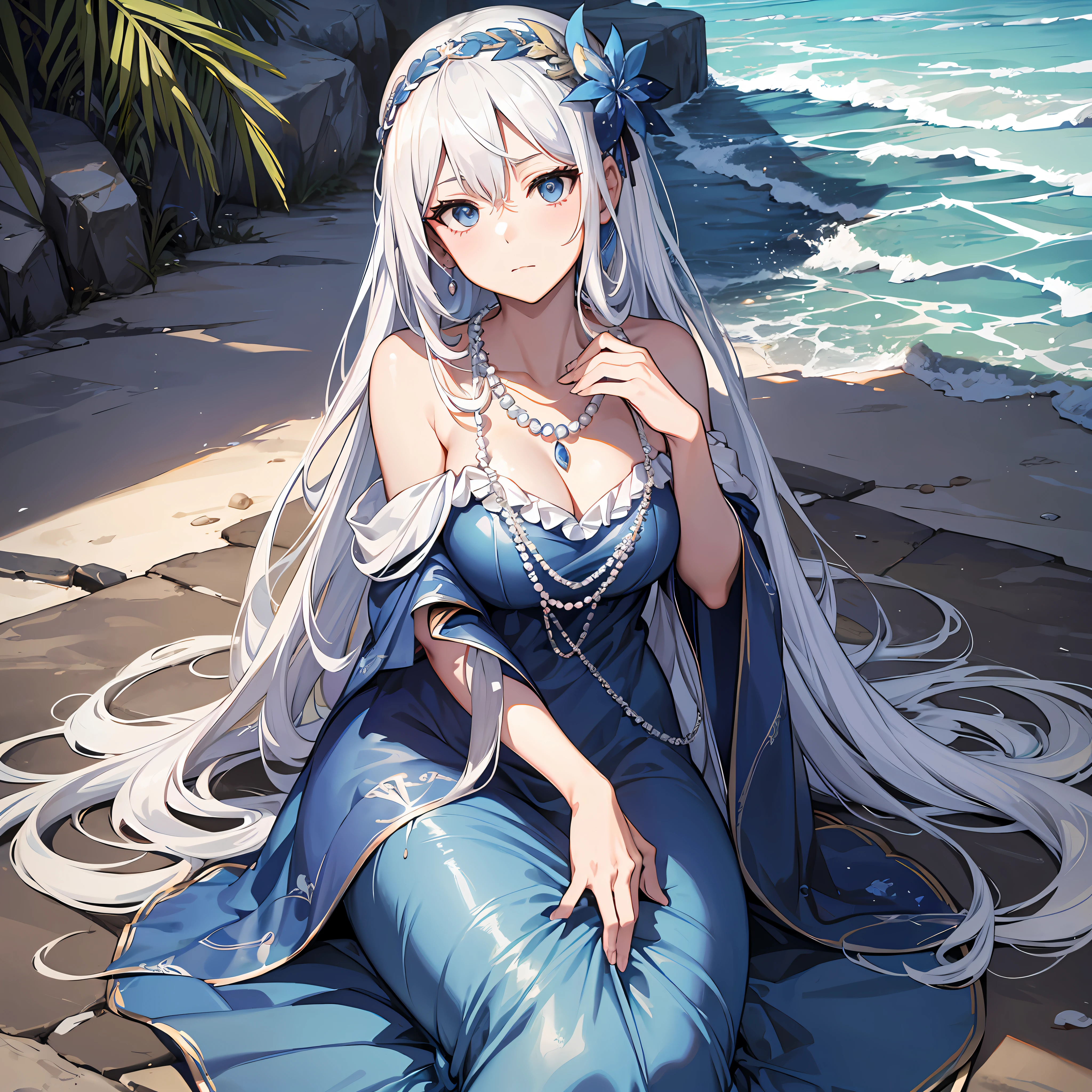 Masterpiece, Old, female, long white hair, wearing a mermaid headband and pearl necklace, Slanted eyes, blue navy sexy dress, Sitting by the beach, serious expression, with a sharp gaze, full body