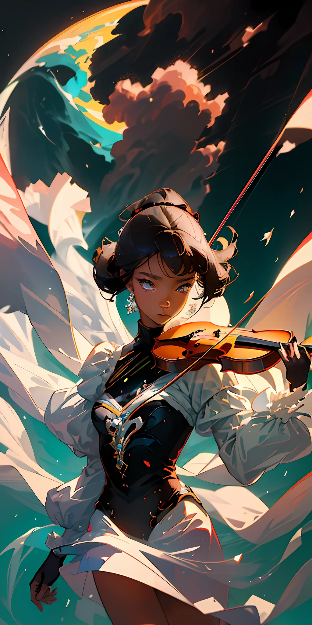 (best quality, masterpiece, superior quality, extraordinary quality, beyond imagination), (unrealistic:1.2), (anime style), fluid stroke delicate pose, fall, particle, wind, flower, (black girl:1.3), afrodescendant 1girl, holding violin, moon surface, beautiful moon scenery, background espace, upscale, hdr, many details