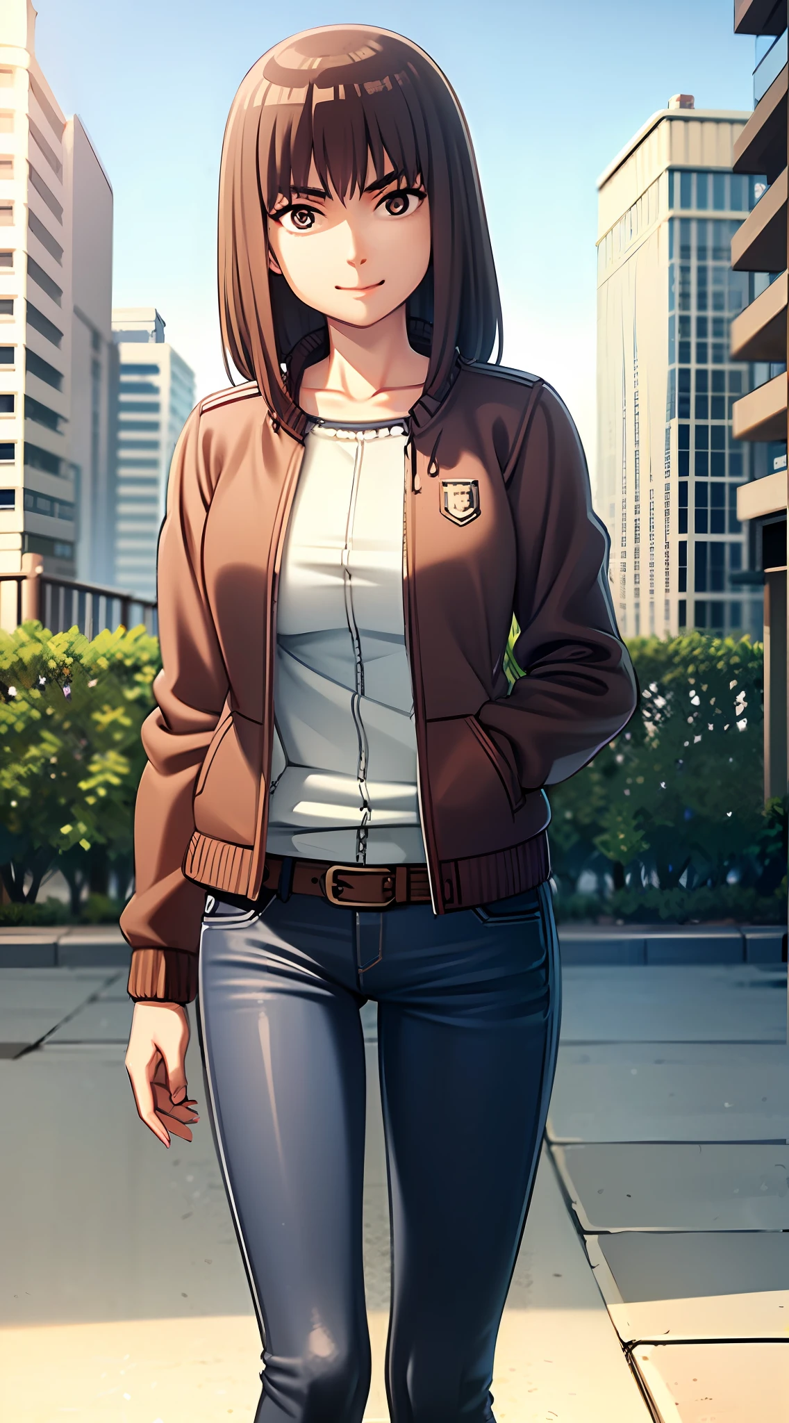 KIRUKO, 1 girl, masterpiece, solo, (best quality, perfect detailed, beautifully detailed face, detailed eyes), brown hair, pants, jacket, belt, jeans, brown eyes, day, denim, sky, open clothes, outdoors, shirt, open jacket, smile, breasts, building, medium breasts, black shirt, solo,