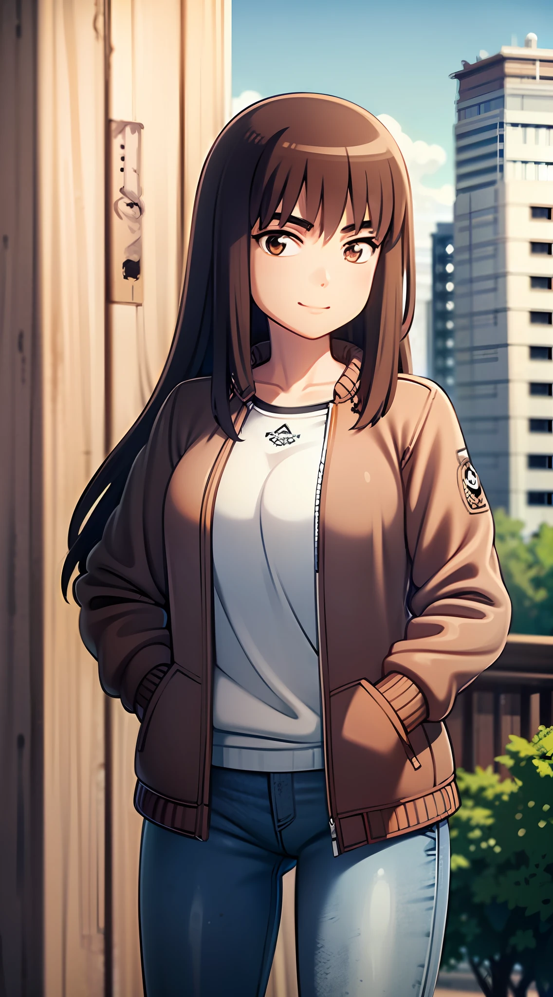 KIRUKO, 1 girl, masterpiece, solo, (best quality, perfect detailed, beautifully detailed face, detailed eyes), brown hair, pants, jacket, belt, jeans, brown eyes, day, denim, sky, open clothes, outdoors, shirt, open jacket, smile, breasts, building, medium breasts, black shirt, solo,