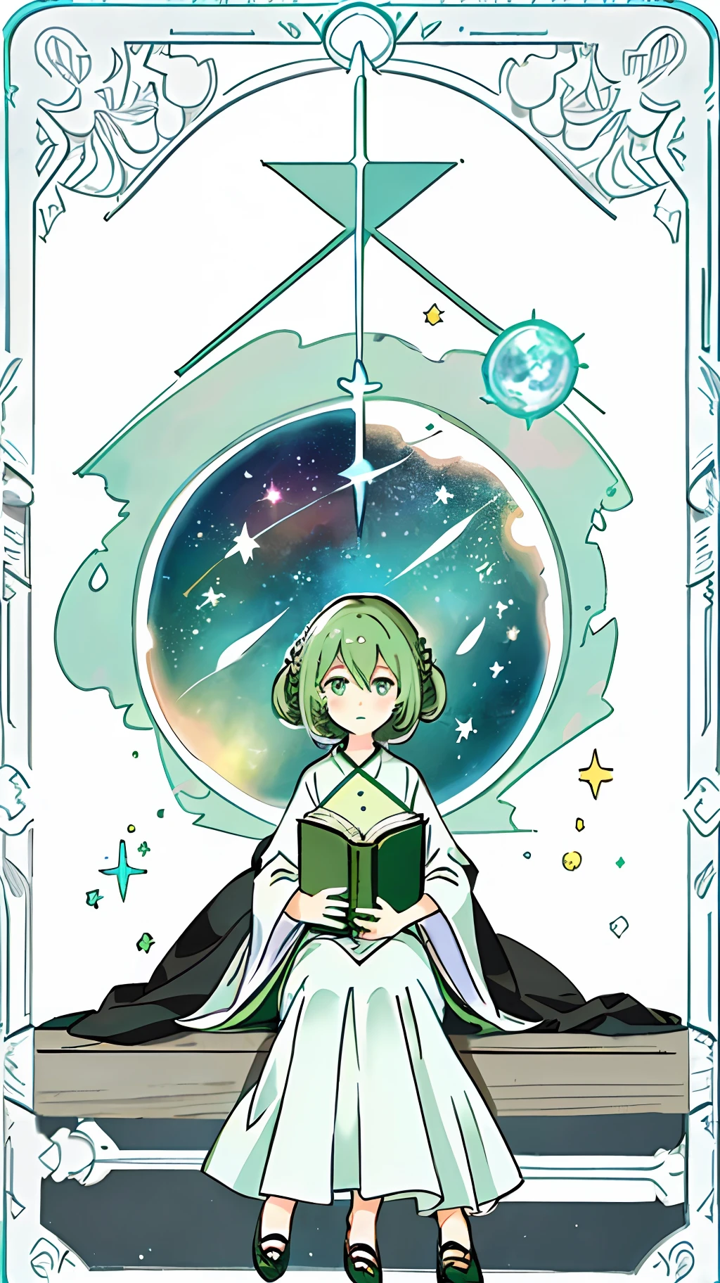 ((Pastel Color Palet)), (( Witch)), ((Sat on a huge floating book)), ((masterpiece)),(((best quality))),(character design sheet, same character, front, side, back), illustration, 1 girl, Flamingo hair, hairstyle fax, light green eyes, environment change scene, Hairstyle Fax, Pose Zitai, Female,, Starry sky, Charturnbetalora, (simple background, white background: 1.3), --6