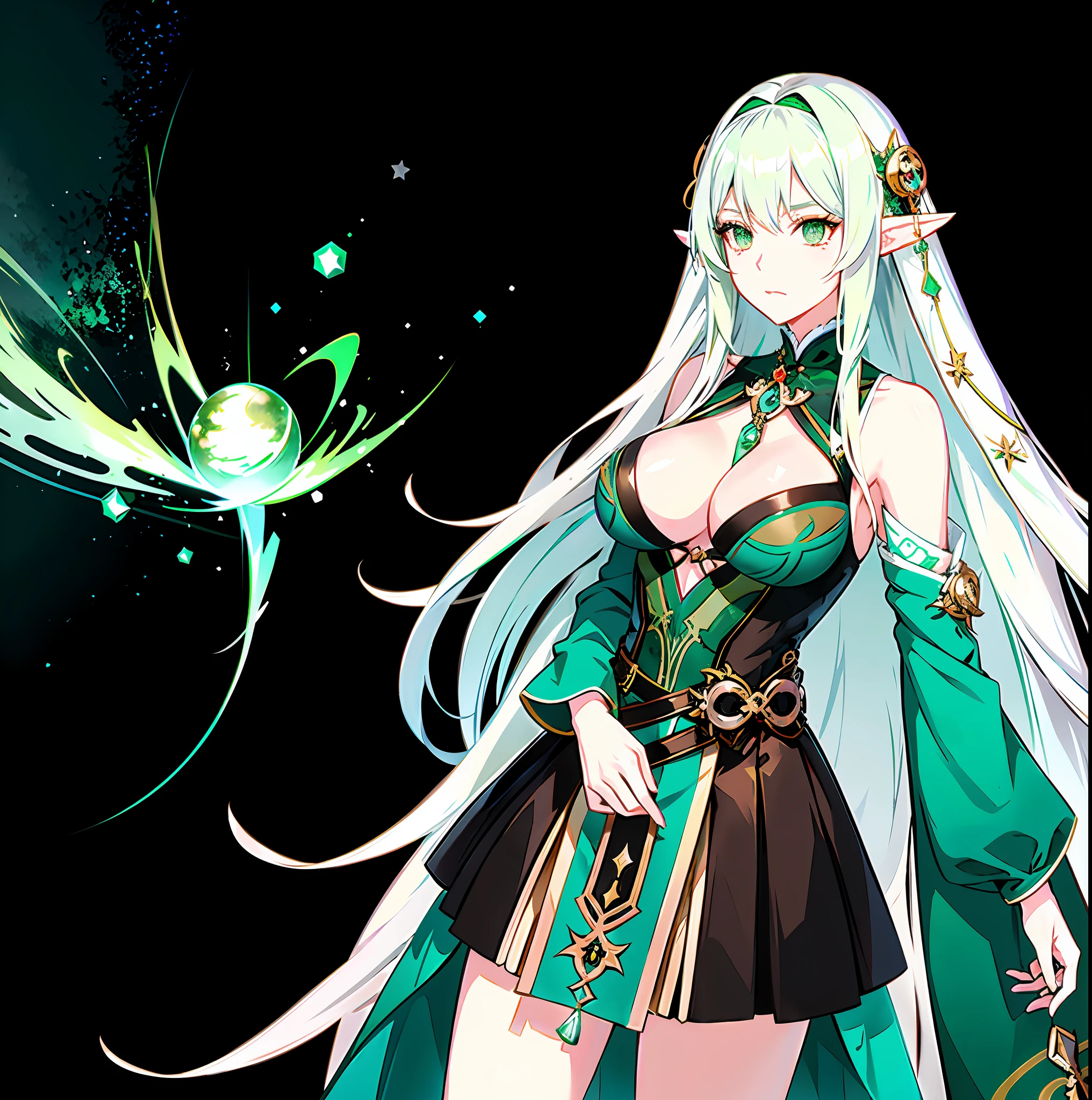 Anime girl with long white hair and green eyes, nahida Genshin Impact, Green Aura, Shadowverse style, Keqing of nahida Impact, Emerald Herald, Genshin Impact person, Astri Lohne, Elf Girl, with huge luminous sad eyes, Genshin, bright mint face inspired by hykyouri