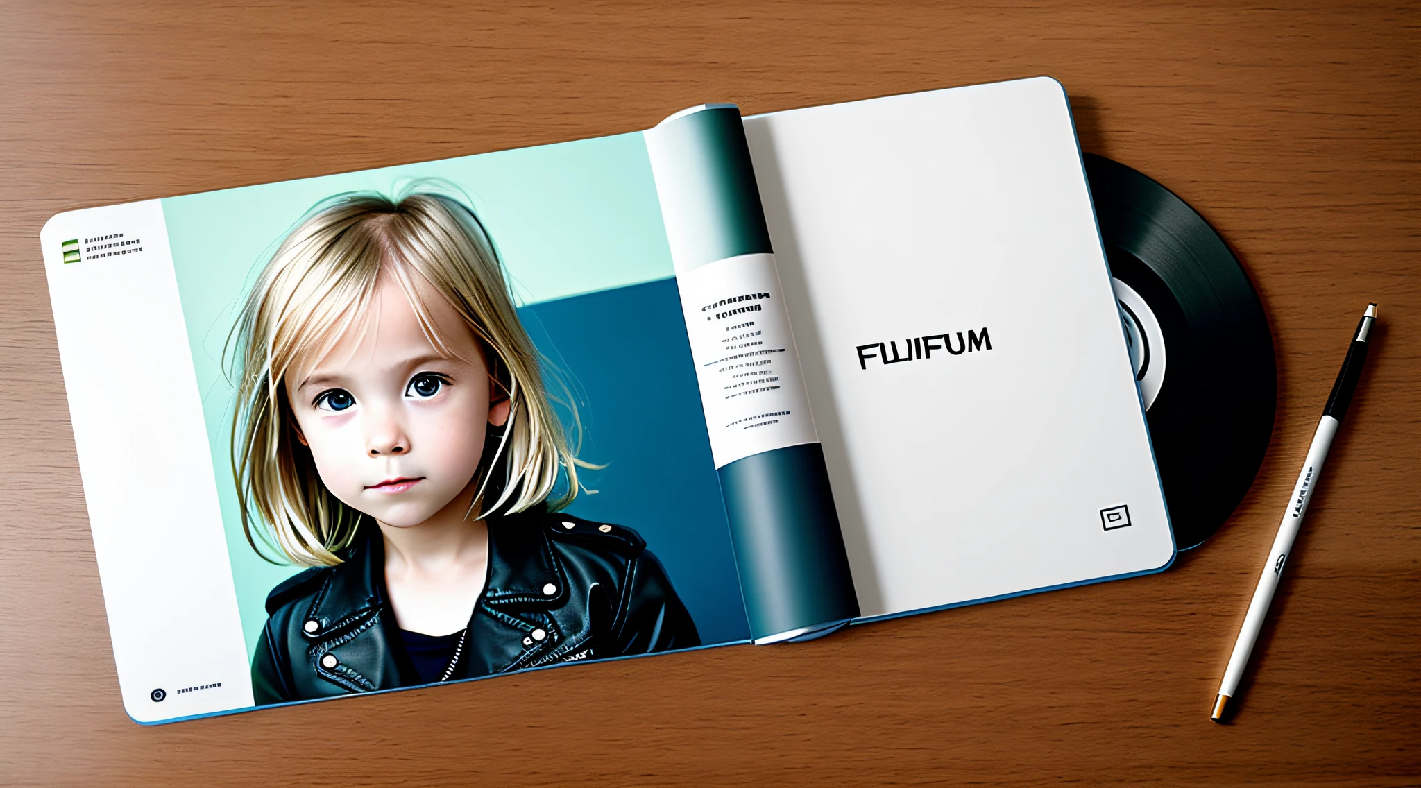 BLONDE GIRL CHILD IN LEATHER JACKET , A closeup of a CD and a CD box on a table, Packshot, CDs, CD Jacket, DVD Package, Medium Close Shot, Detailed Product Image, Medium Wide Shot, Medium Closeup, Close Medium Shot, New Boards of Canada album cover, soft vinyl, round format, Boards of Canada album cover, BLU - Ray Transfer 5 K, Fujifilm"