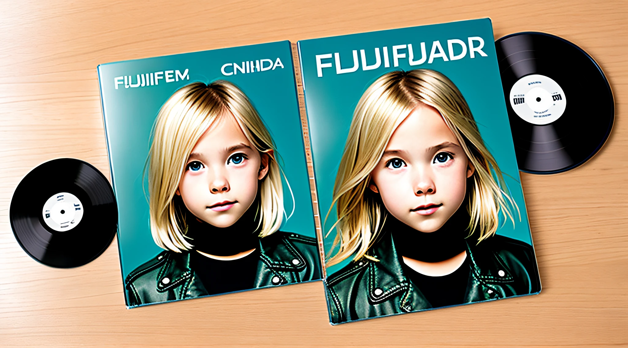 BLONDE GIRL CHILD IN LEATHER JACKET , A closeup of a CD and a CD box on a table, Packshot, CDs, CD Jacket, DVD Package, Medium Close Shot, Detailed Product Image, Medium Wide Shot, Medium Closeup, Close Medium Shot, New Boards of Canada album cover, soft vinyl, round format, Boards of Canada album cover, BLU - Ray Transfer 5 K, Fujifilm"