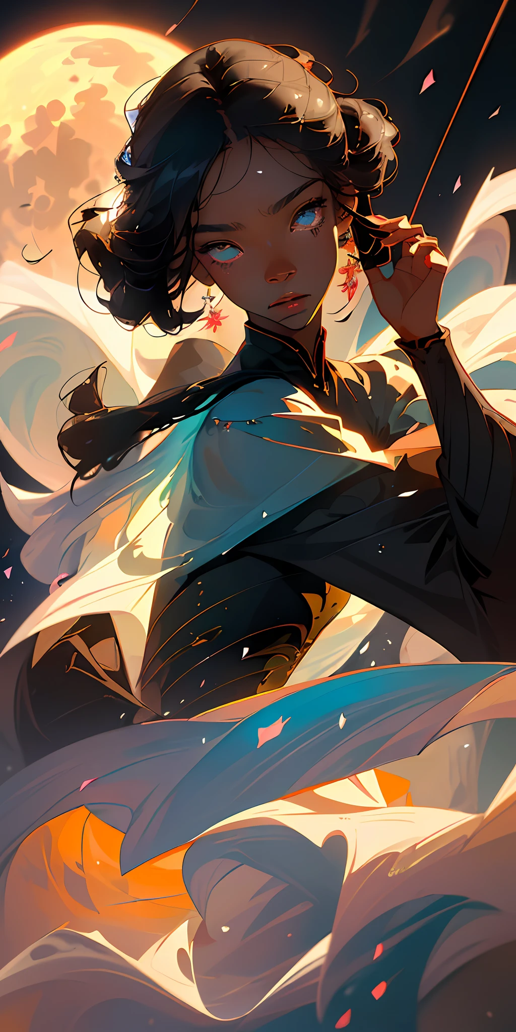 (best quality, masterpiece, superior quality, extraordinary quality, beyond imagination), (unrealistic:1.2), (anime style), fluid stroke delicate pose, fall, particle, wind, flower, (black girl:1.3), afrodescendant 1girl, holding violin, moon surface, beautiful moon scenery, background espace, upscale, hdr, many details