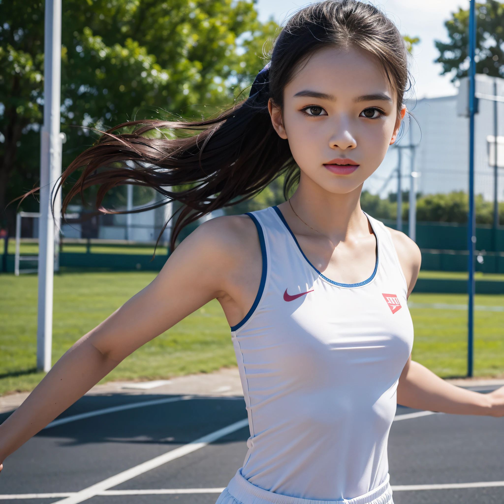 (((Masterpiece))), 16K, Track & Field girl, Running Ground, Shot with Laica SL2, perfect human structure, beautiful face, double eyelids, symmetrical limbs,