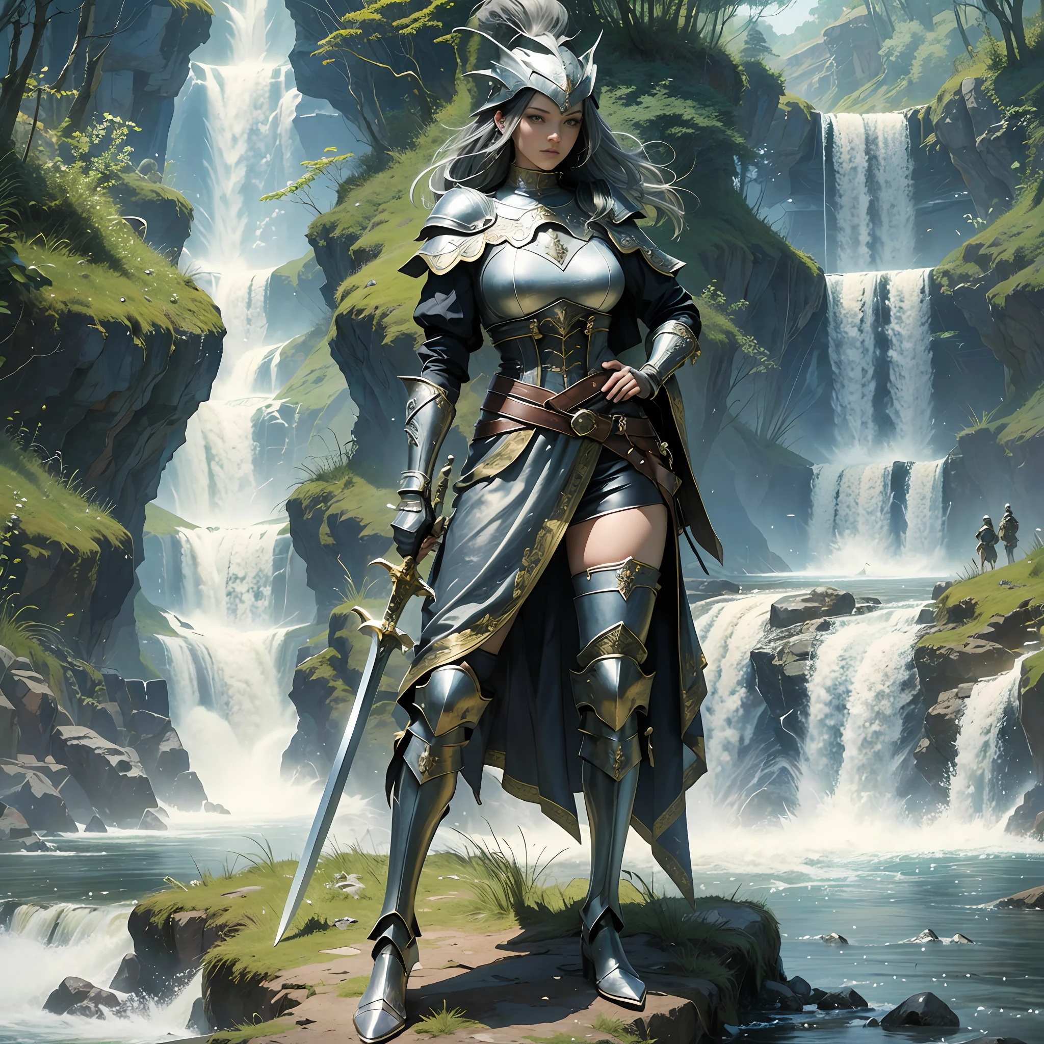 SCOTT THE PRINCESS:
Princess Scott, black, tall stature, medium breasts, strong arms, not wide hips, long thick legs, short hair, black and piercing eyes, medieval warrior clothes, detailed leather skirt close to the knee, dug and tight blouse, on in his right hand a long sword, in his left hand a round shield, on his head a shining silver helmet, standing in a fighting position, with his back to a waterfall, which formed a large river, with trees and bushes, on both banks , --auto --s2