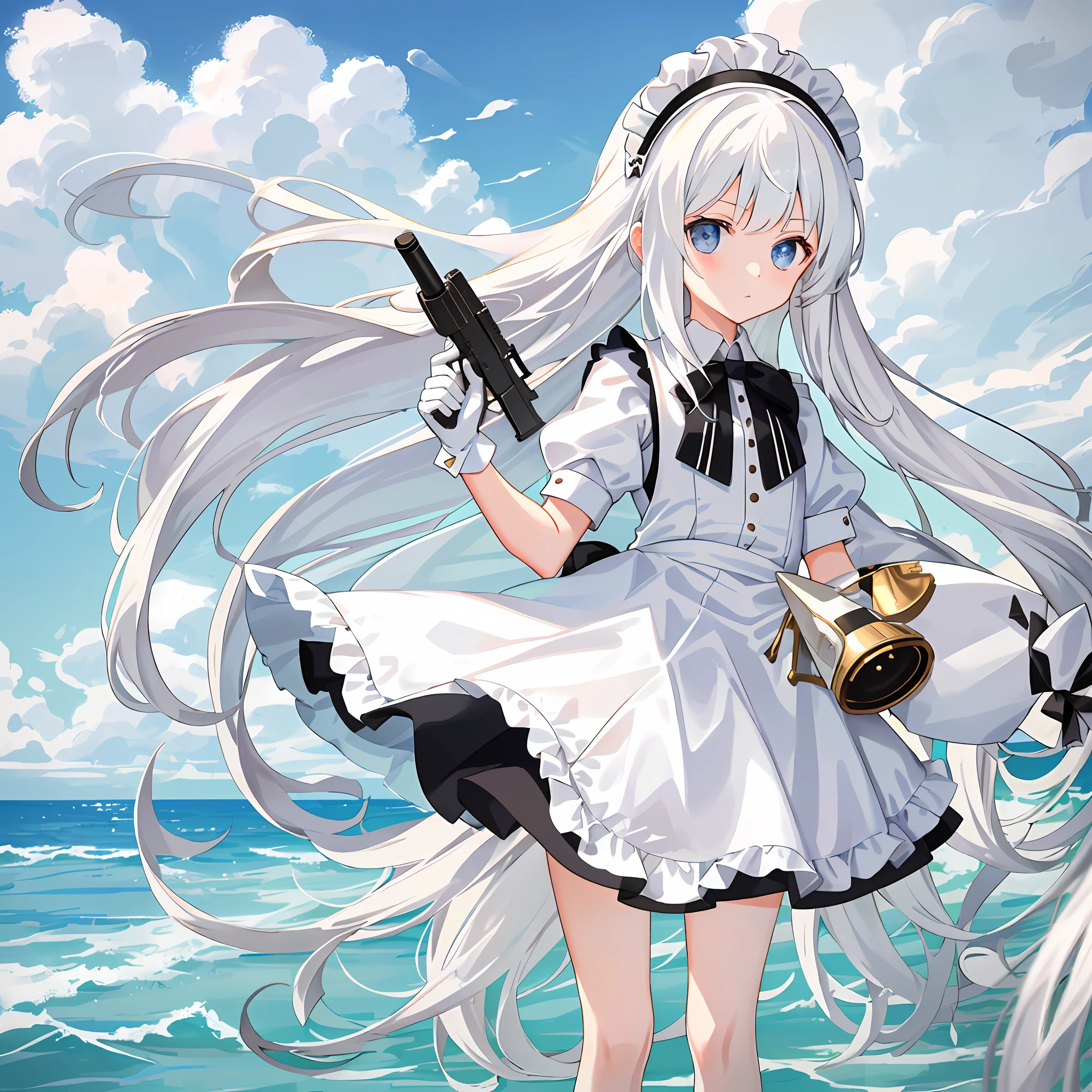 /girl, (white long hair 1.5), (poor milk 1.5), holding a gun in her hand, (loli 1.3), maid costume, standing by the sea
