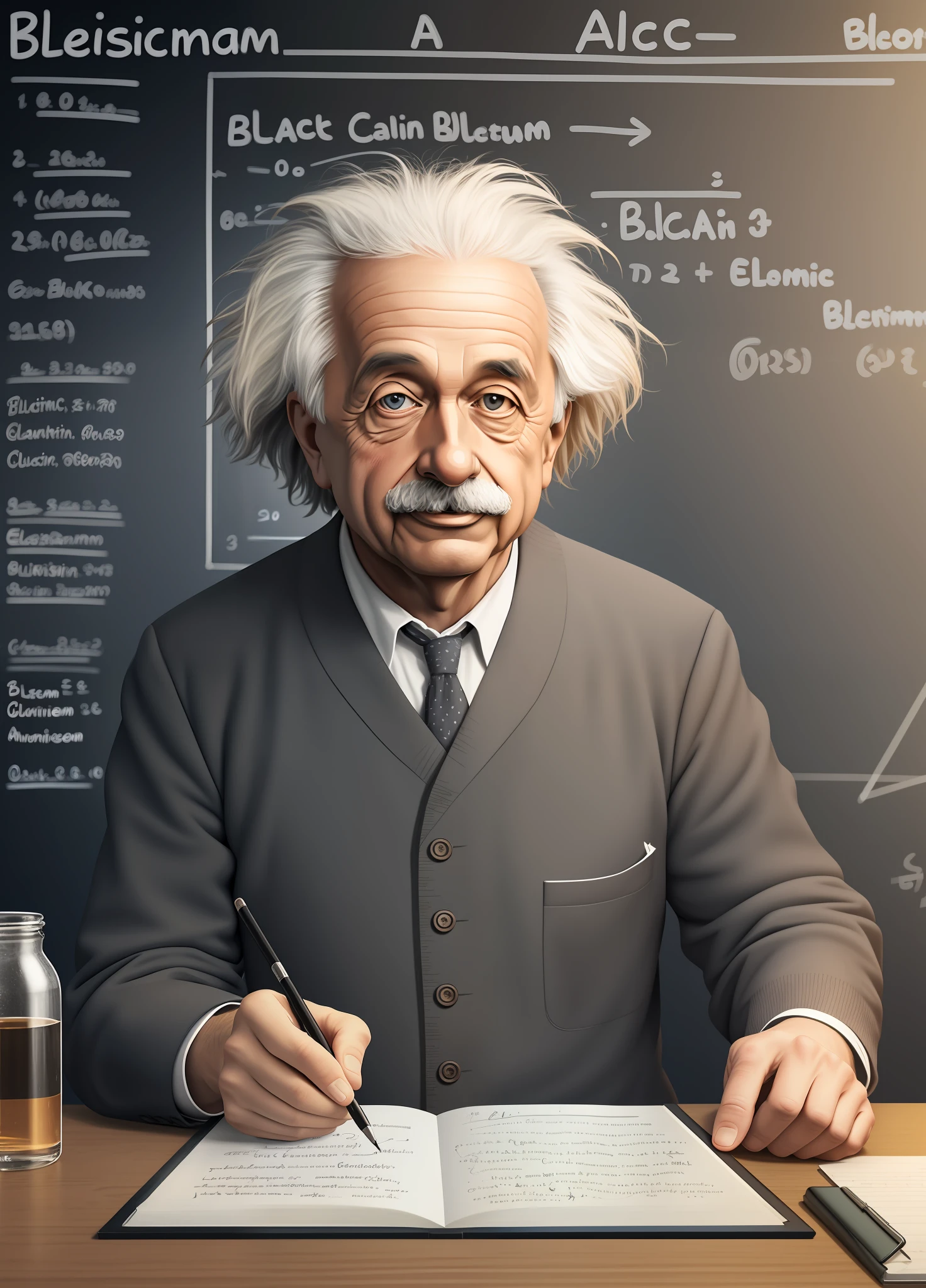 realistic photo of Albert Einstein, physics calculations on a blackboard in the background, word "Universum" written on the background blackboard