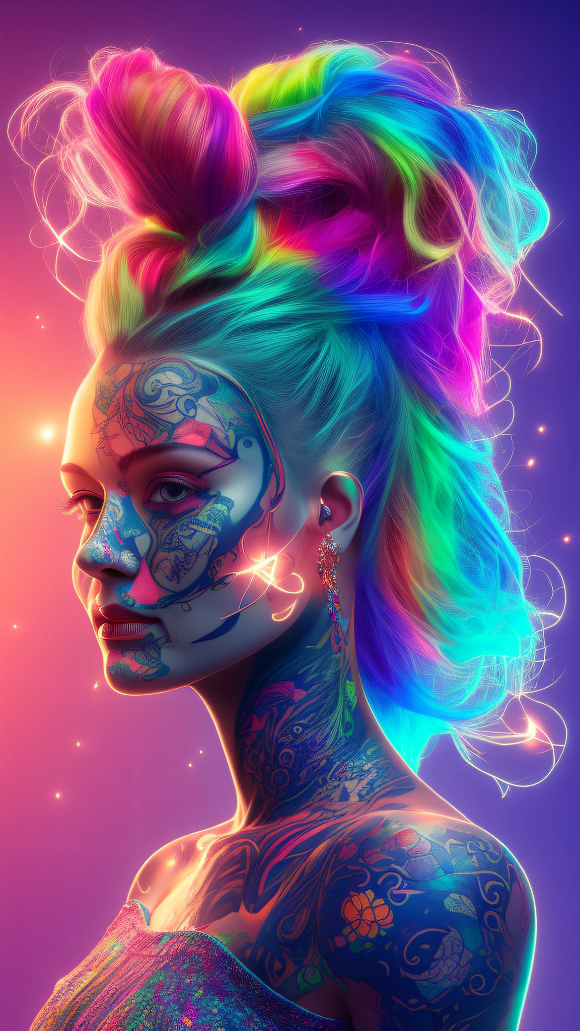 (style of richard deacon), formal wear  android,1girl,a  beautiful girl in a colourful dress with colourful intricate tattoos surrounded by colourful patterns,(Luminous burning hair:1.2),  realistic fantasy, extremely detailed and beautiful , 8 k resolution,