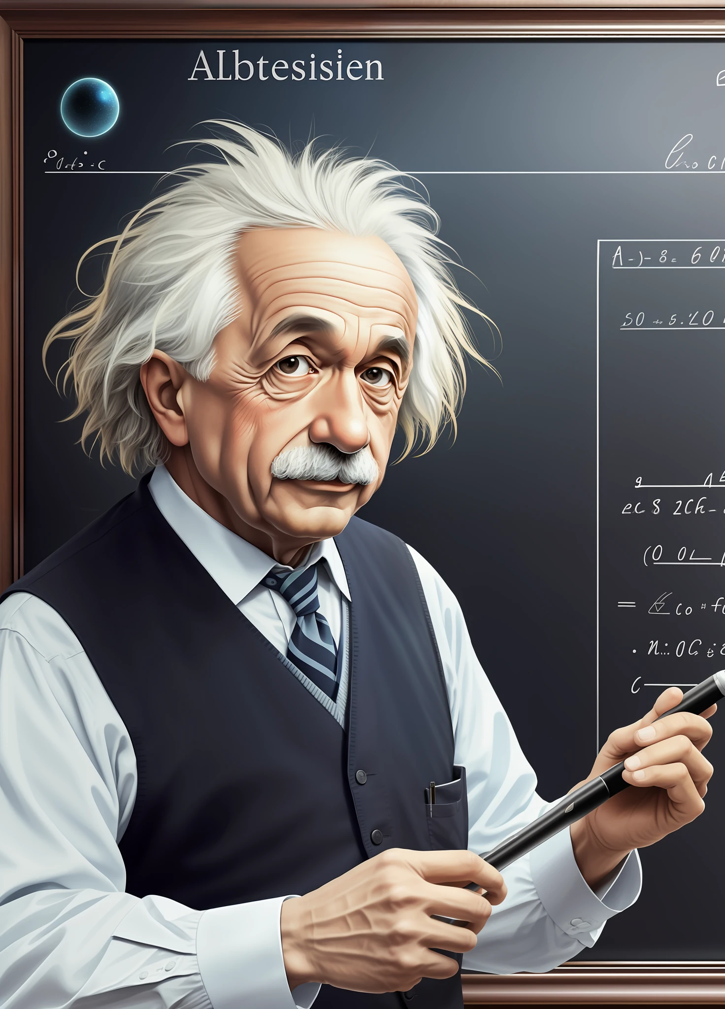 Realistic photo of Albert Einstein, physics calculations on a blackboard in the background