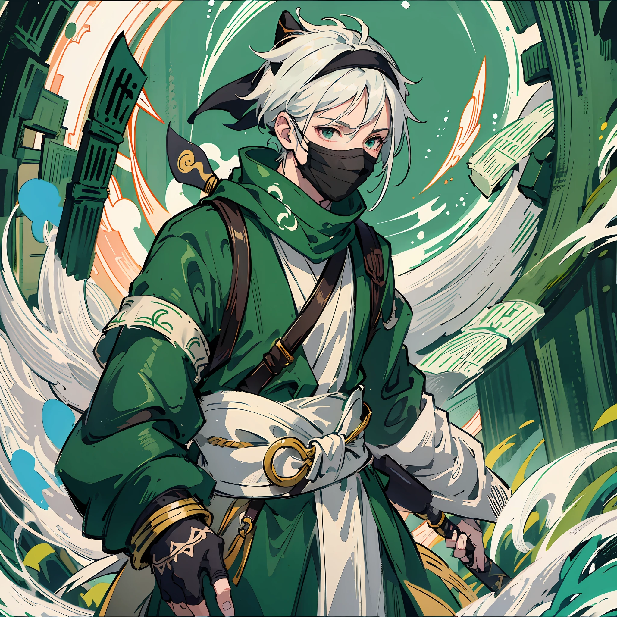 1 man, white hair, mask covering mouth and nose, eye cut, green clothing with black, with bandana, full body, holding kunai, ninja village --auto --s2