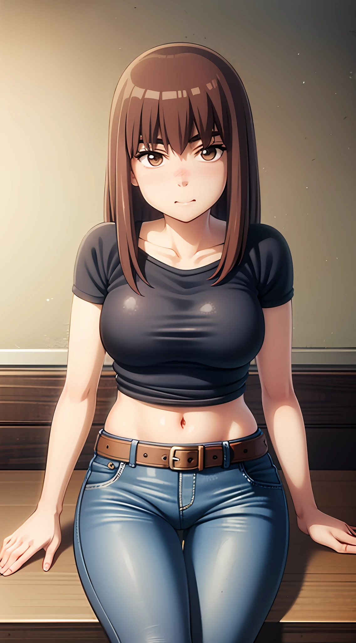 KIRUKO, 1 girl, masterpiece, solo, (best quality, perfect detailed, beautifully detailed face, detailed eyes), brown hair, short pants, belt, jeans, brown eyes, day, denim, indoor, crop top shirt, smile, breasts, medium breasts, solo, sitting, chair, blush, shy,  short jeans pants, show stomach,